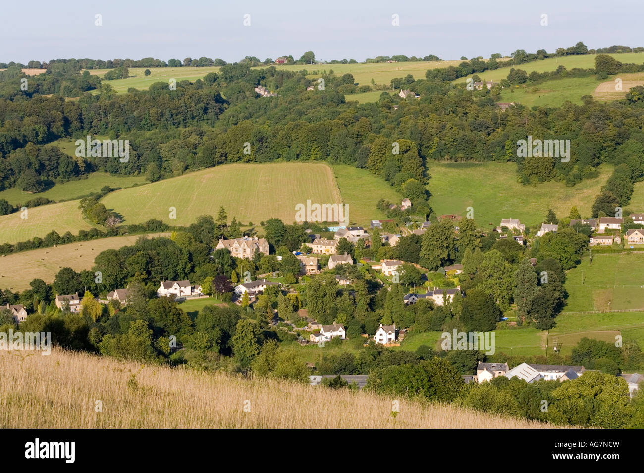 Rodborough Common on the Cotswold scarp looking towards Thrupp, Stroud, Gloucestershire Stock Photo