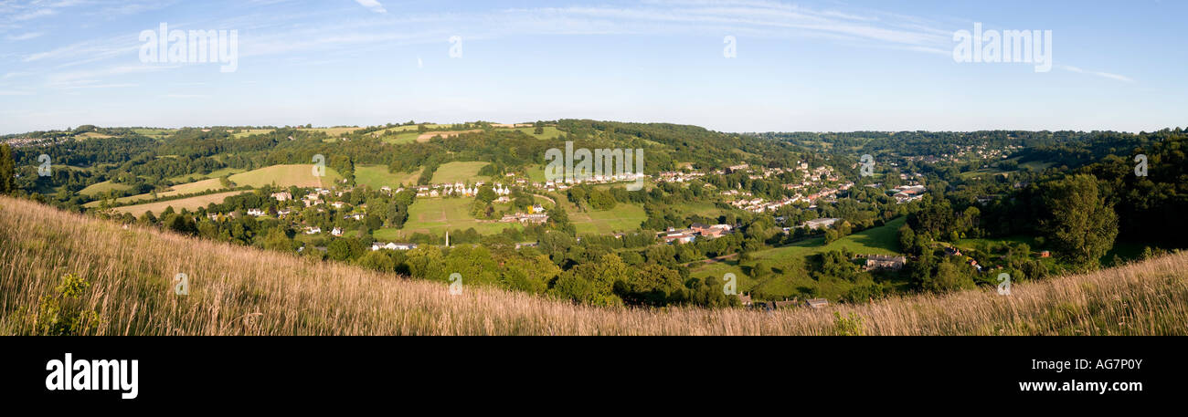 Panoramic view from Rodborough Common looking over Thrupp and Brimscombe in the Stroud Valleys, Gloucestershire Stock Photo