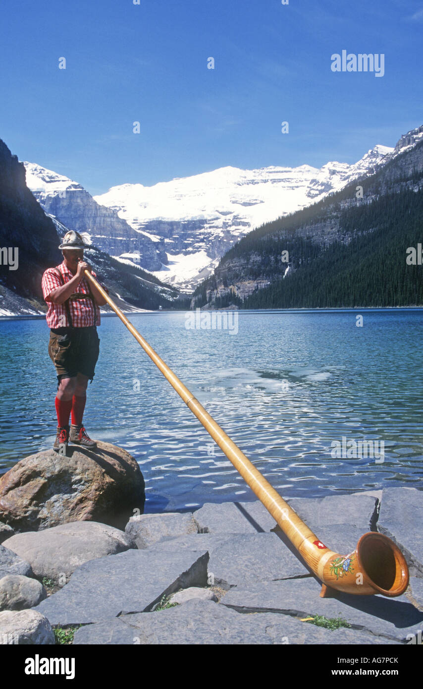 Musical entertainment on the banks of Lake Louise , Banff National Park ,Canada Stock Photo