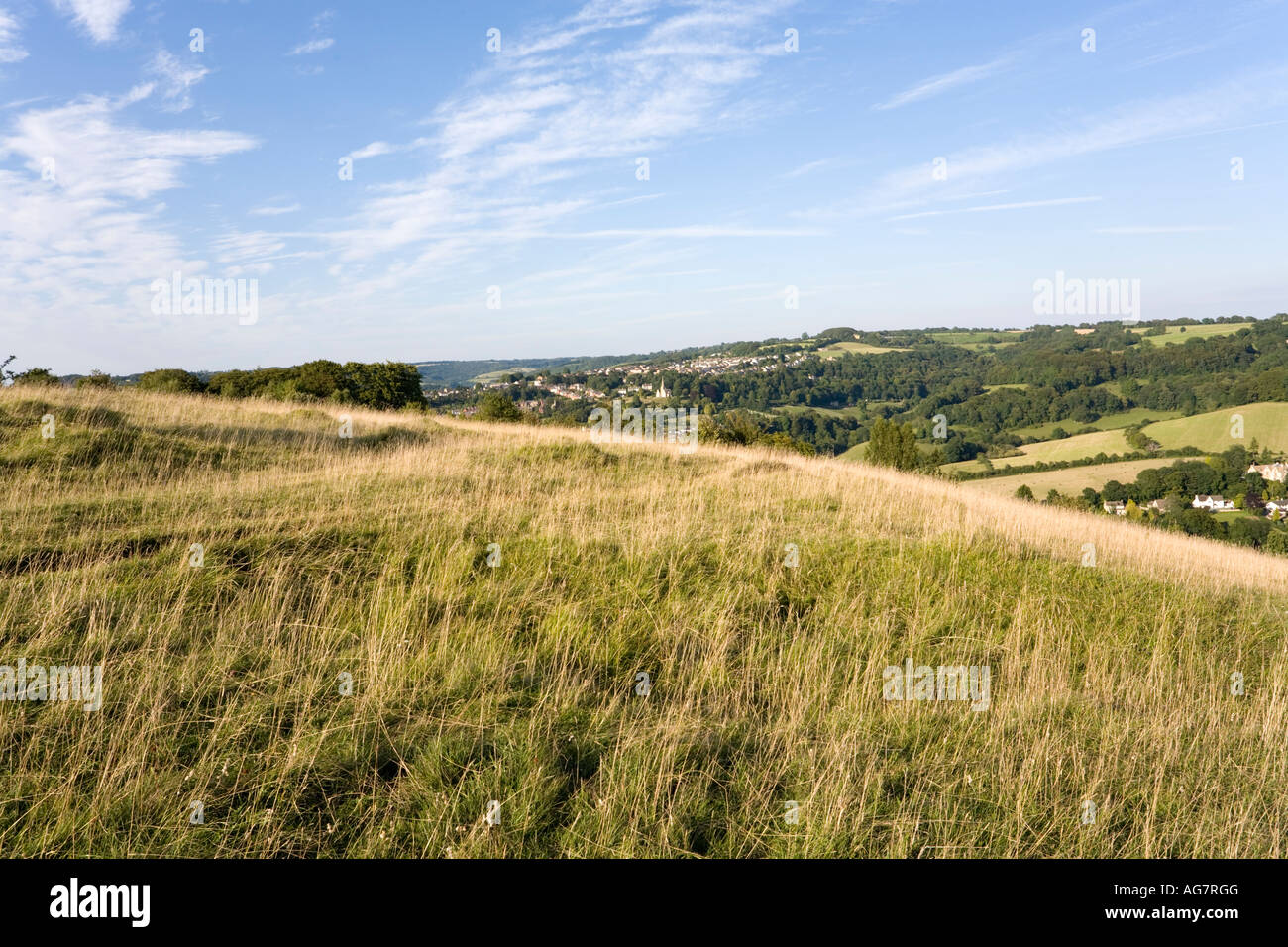 Rodborough Common on the Cotswold scarp looking towards Thrupp and Stroud, Gloucestershire Stock Photo
