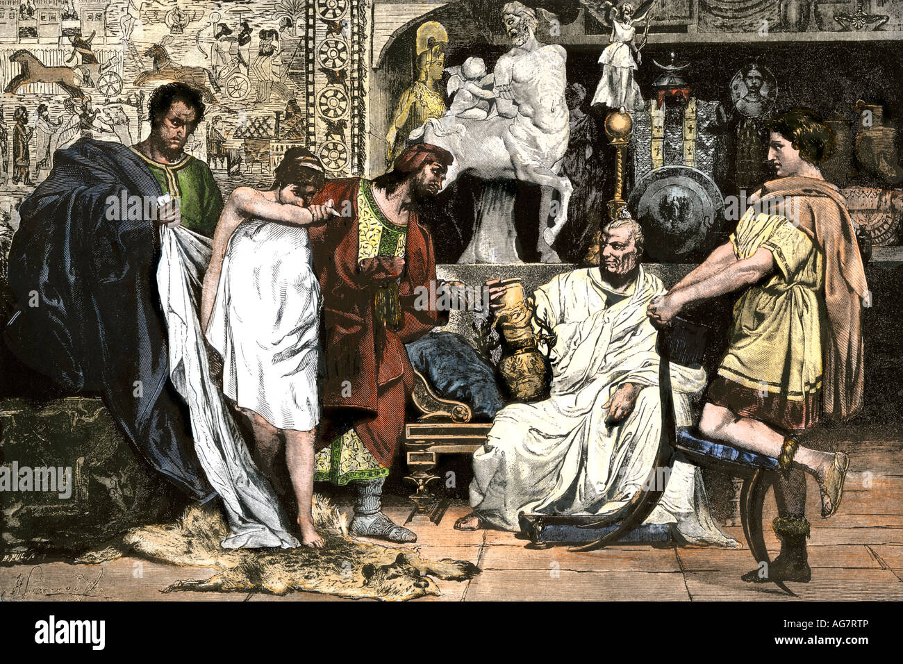 Merchants from Carthage selling slaves and wares in a Roman villa. Hand-colored woodcut Stock Photo