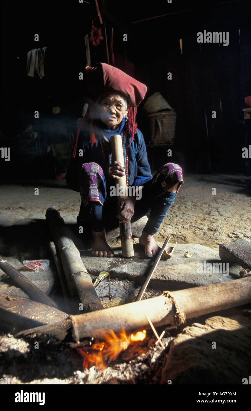 Vietnam Sapa Old woman of Red Dao hilltribe Stock Photo