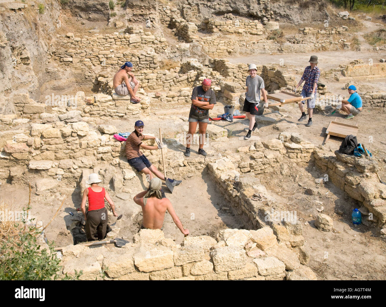 Archaeology students working at an excavation site of the ancient greek settlement of Tyras in nowadays Ukraine Stock Photo