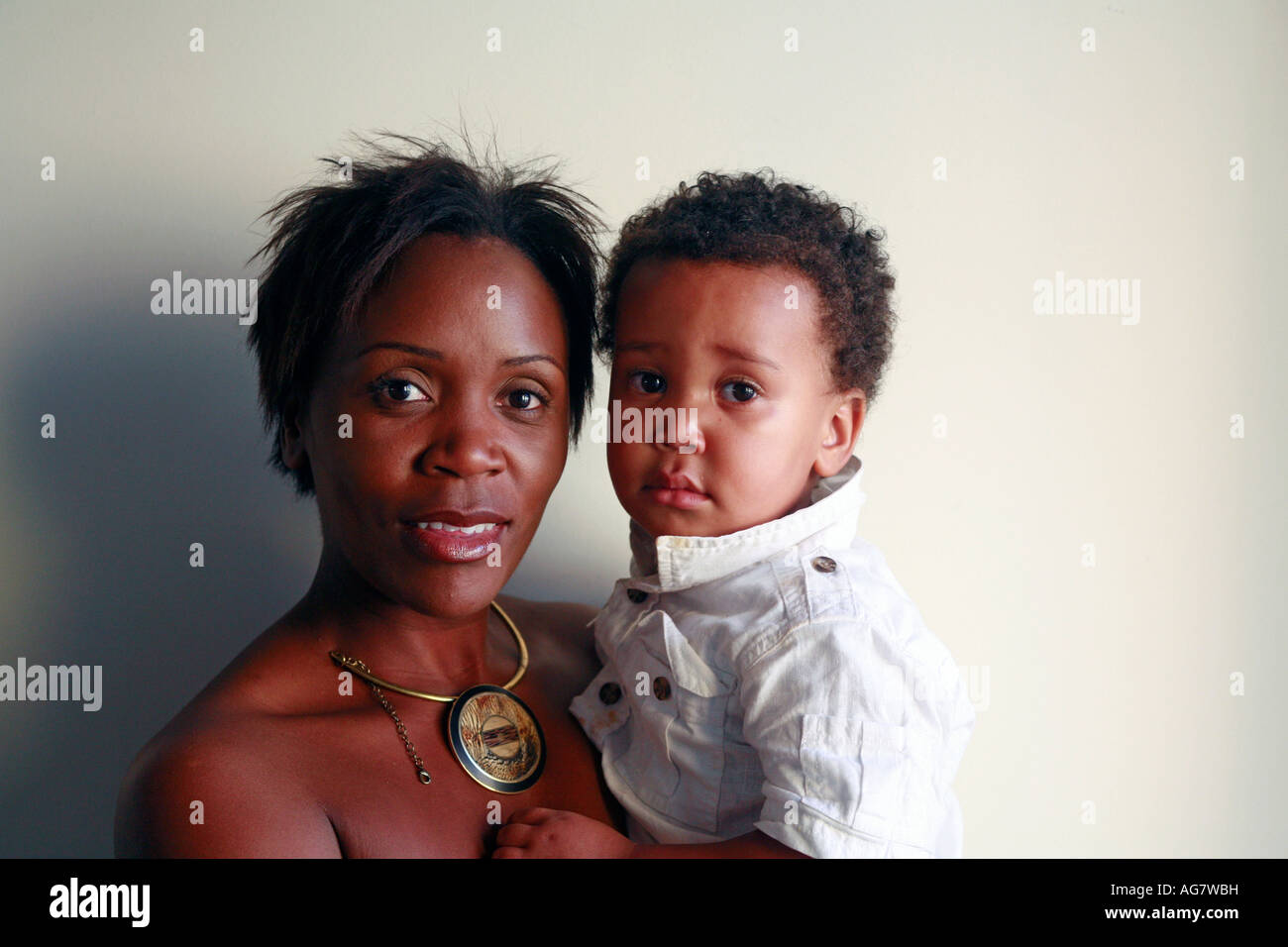 united kingdom london portrait of black mother with her mixed race son Stock Photo