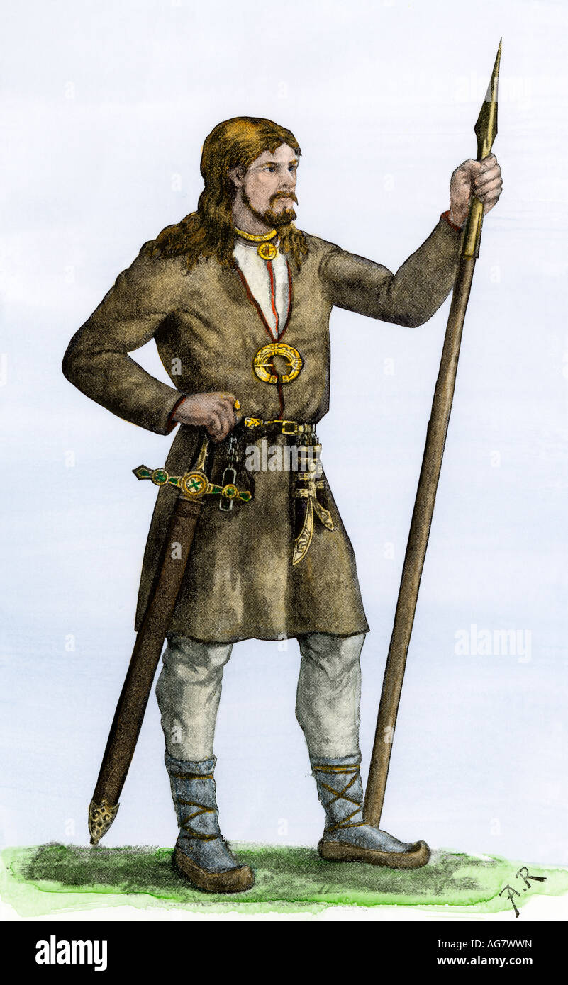 Turanian of Finland in ancient dress similar to that of the Celts. Hand-colored halftone of an illustration Stock Photo