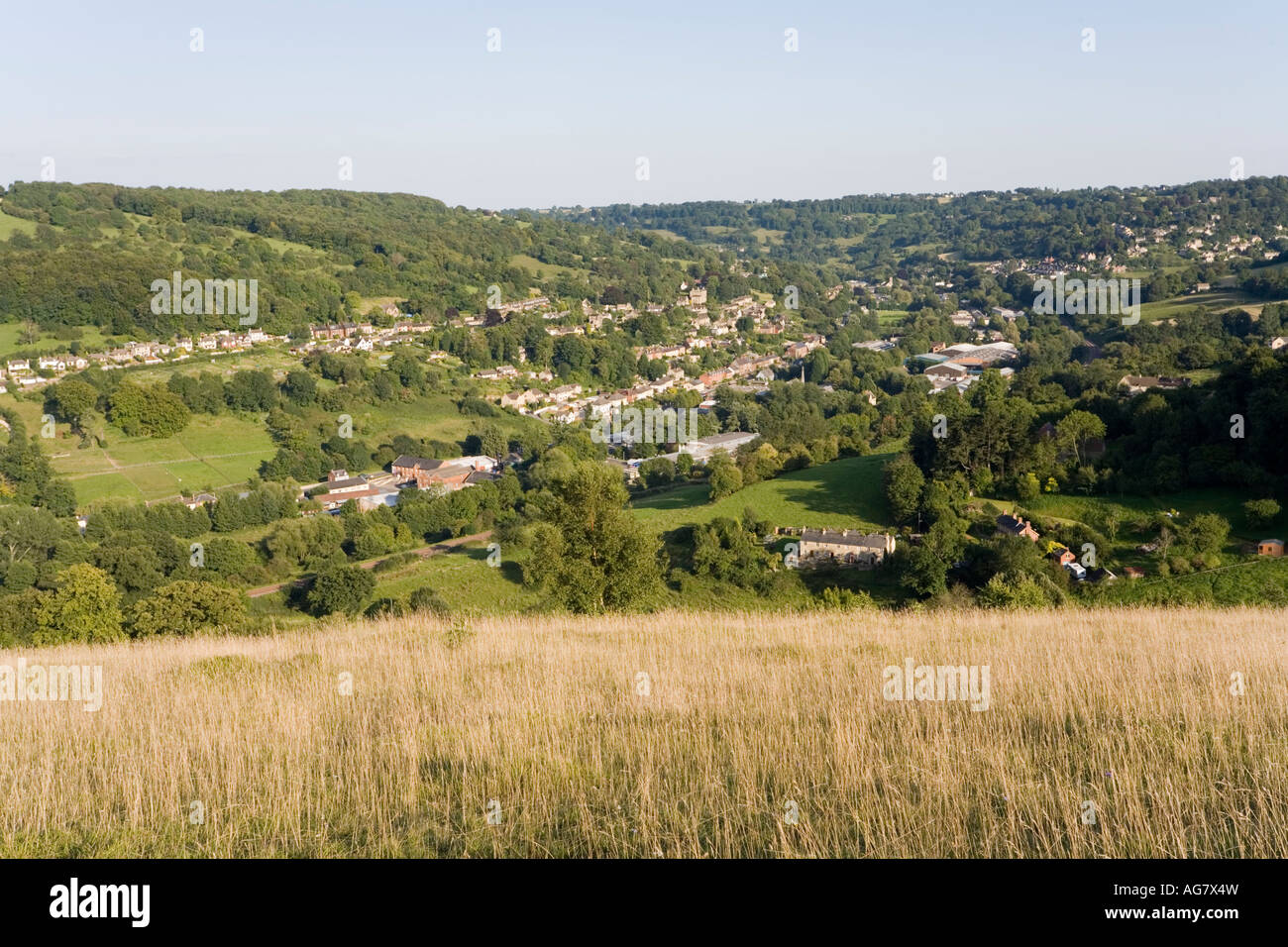 Rodborough Common on the Cotswold scarp looking towards Brimscombe, Gloucestershire Stock Photo