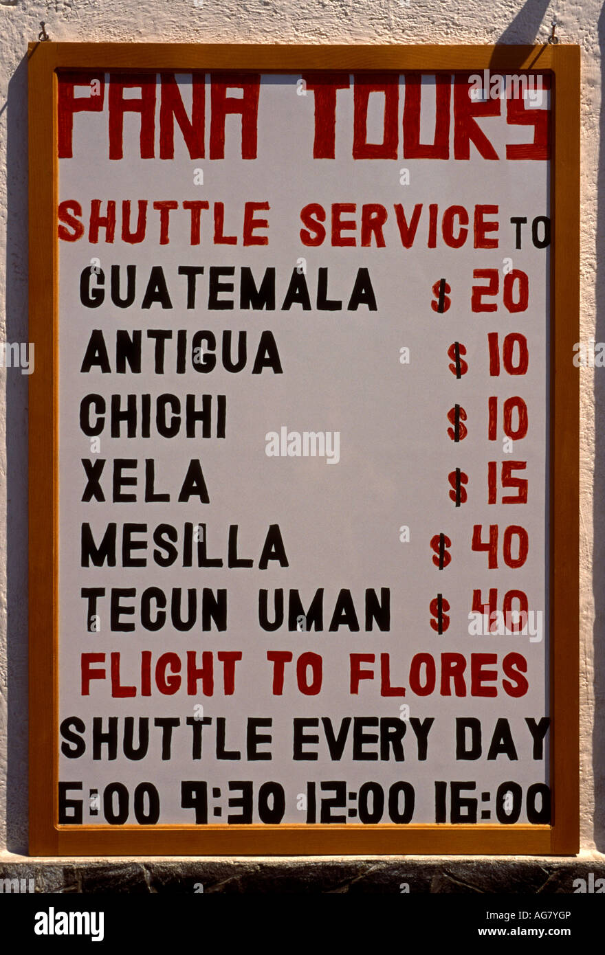 sign, travel agency, agencia de viaje, air flights, shuttle bus service, Pana Tours, Panajachel, Solola Department, Guatemala, Central America Stock Photo
