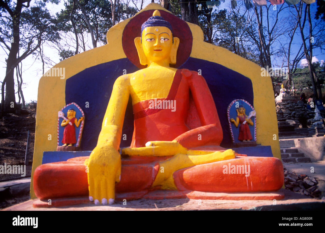 Statue of Lord Buddha, Swayambhunath Stupa, Kathmandu, Nepal Stock Photo