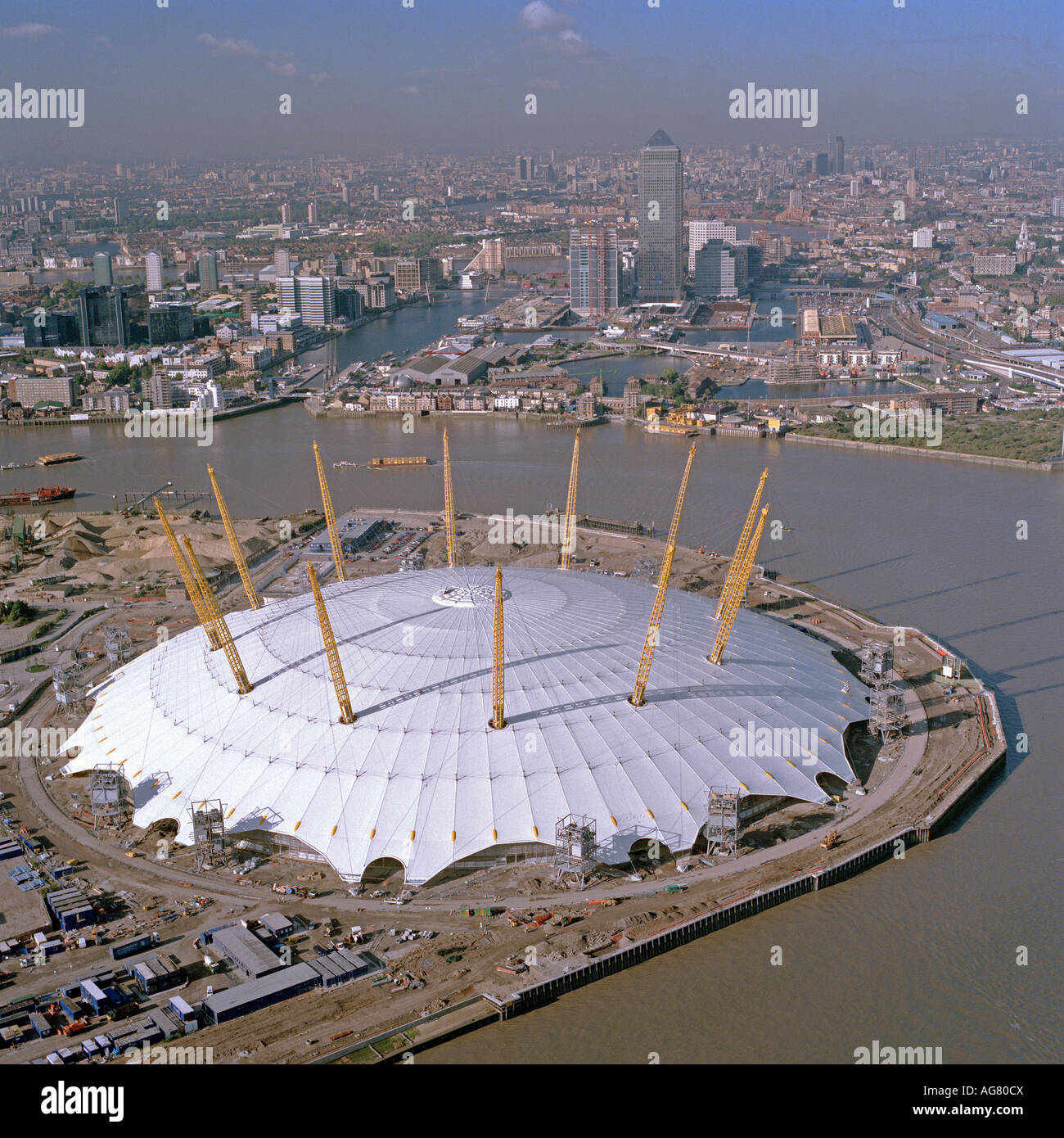 Aerial view of the Millennium Dome structure with masts and roof structuure in place. Stock Photo