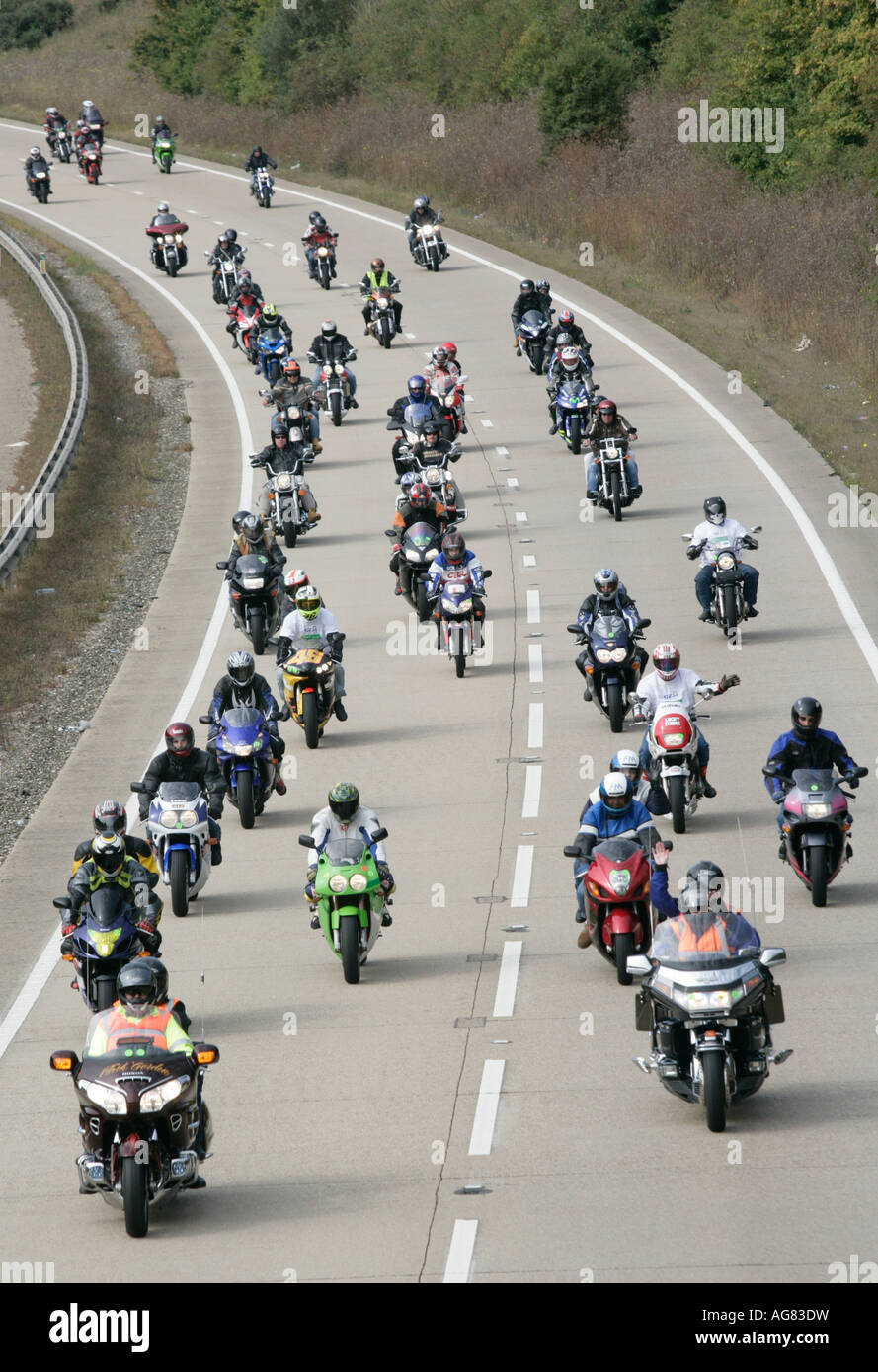 Hundreds of bikers on their way to Harwich during a charity run to raise money for the Essex Air Ambulance, Essex, England, UK Stock Photo