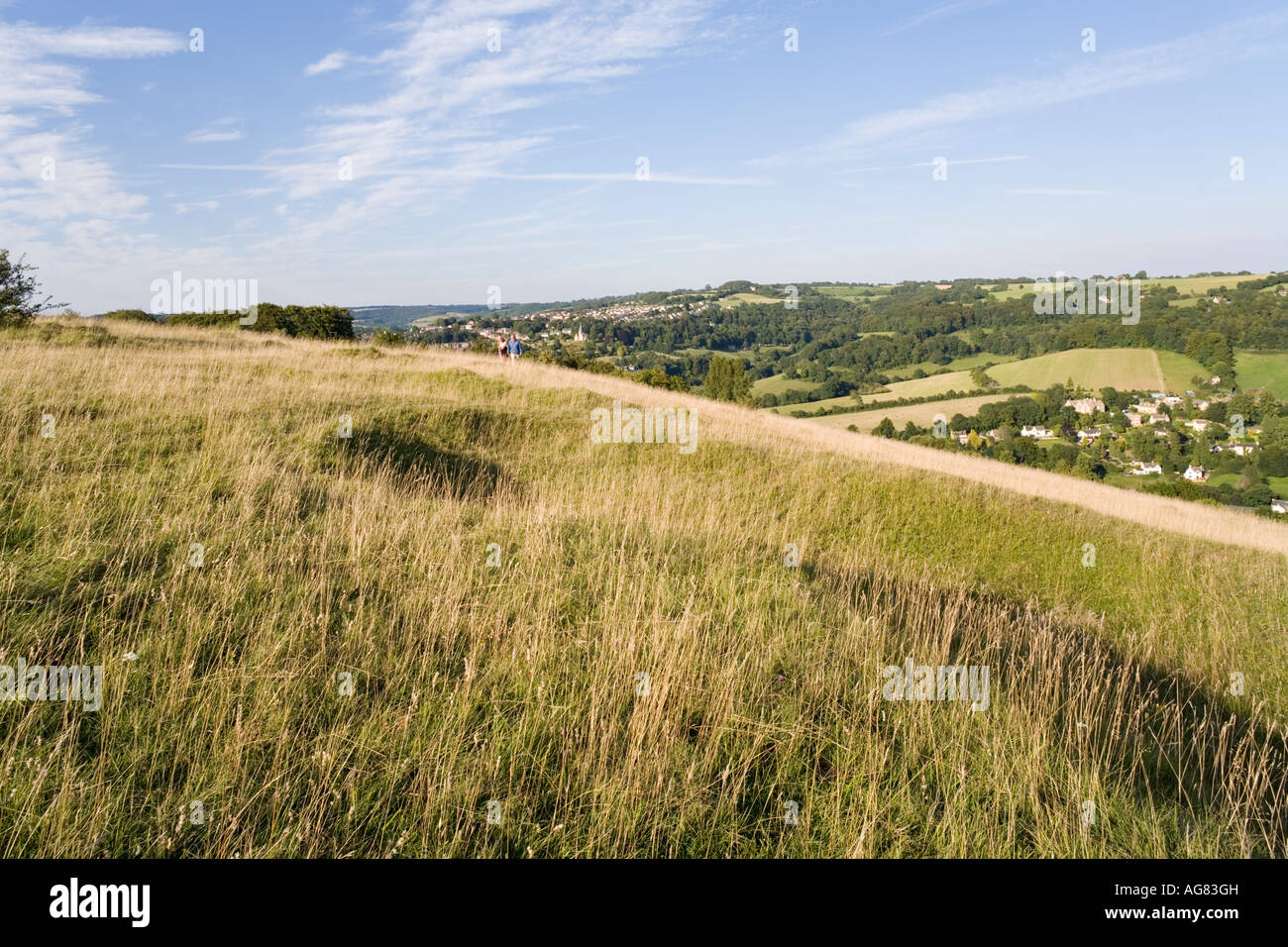 Rodborough Common on the Cotswold scarp looking towards Thrupp and Stroud, Gloucestershire Stock Photo