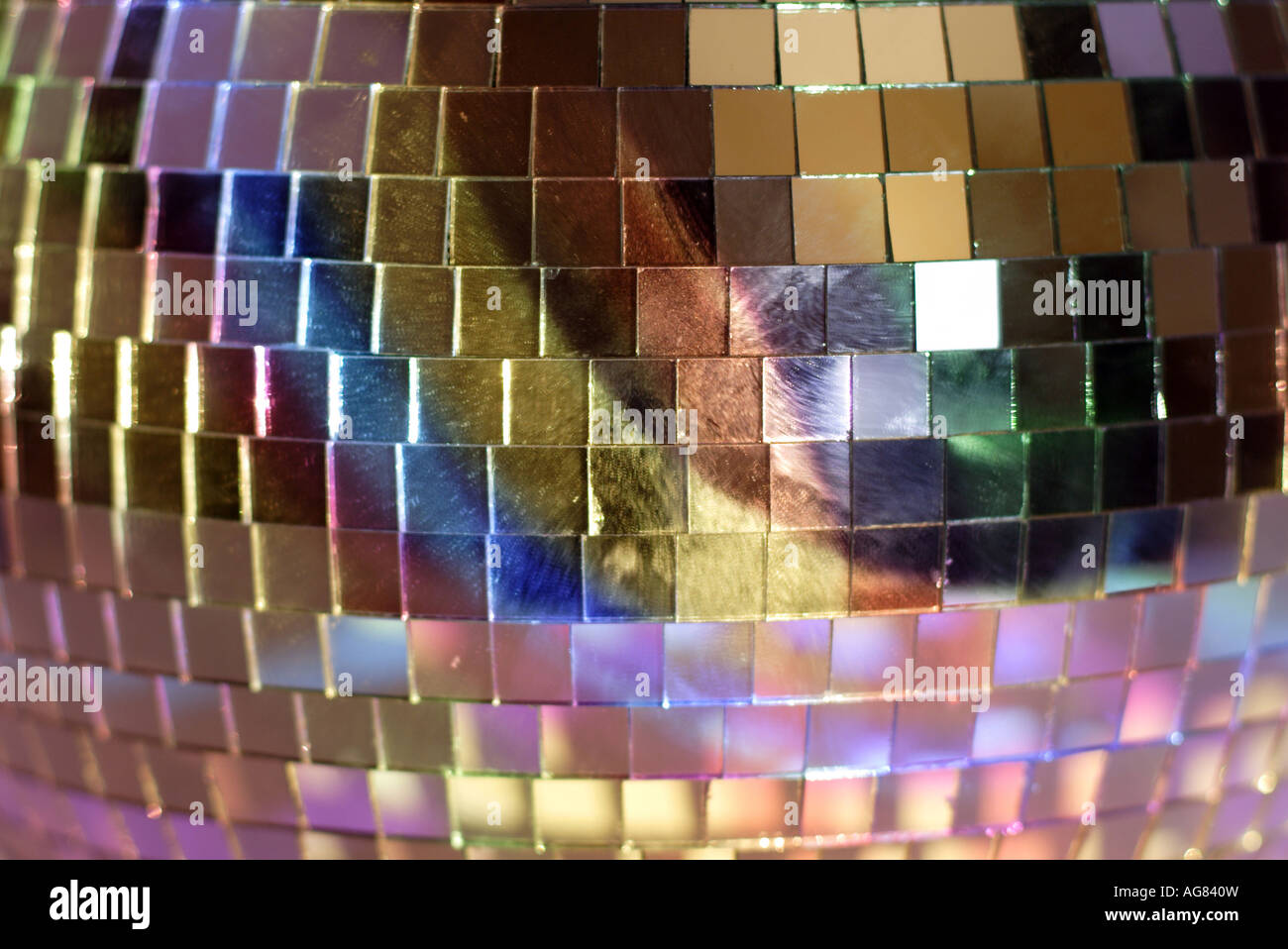 close up of a reflective mirrorball with different colours shining