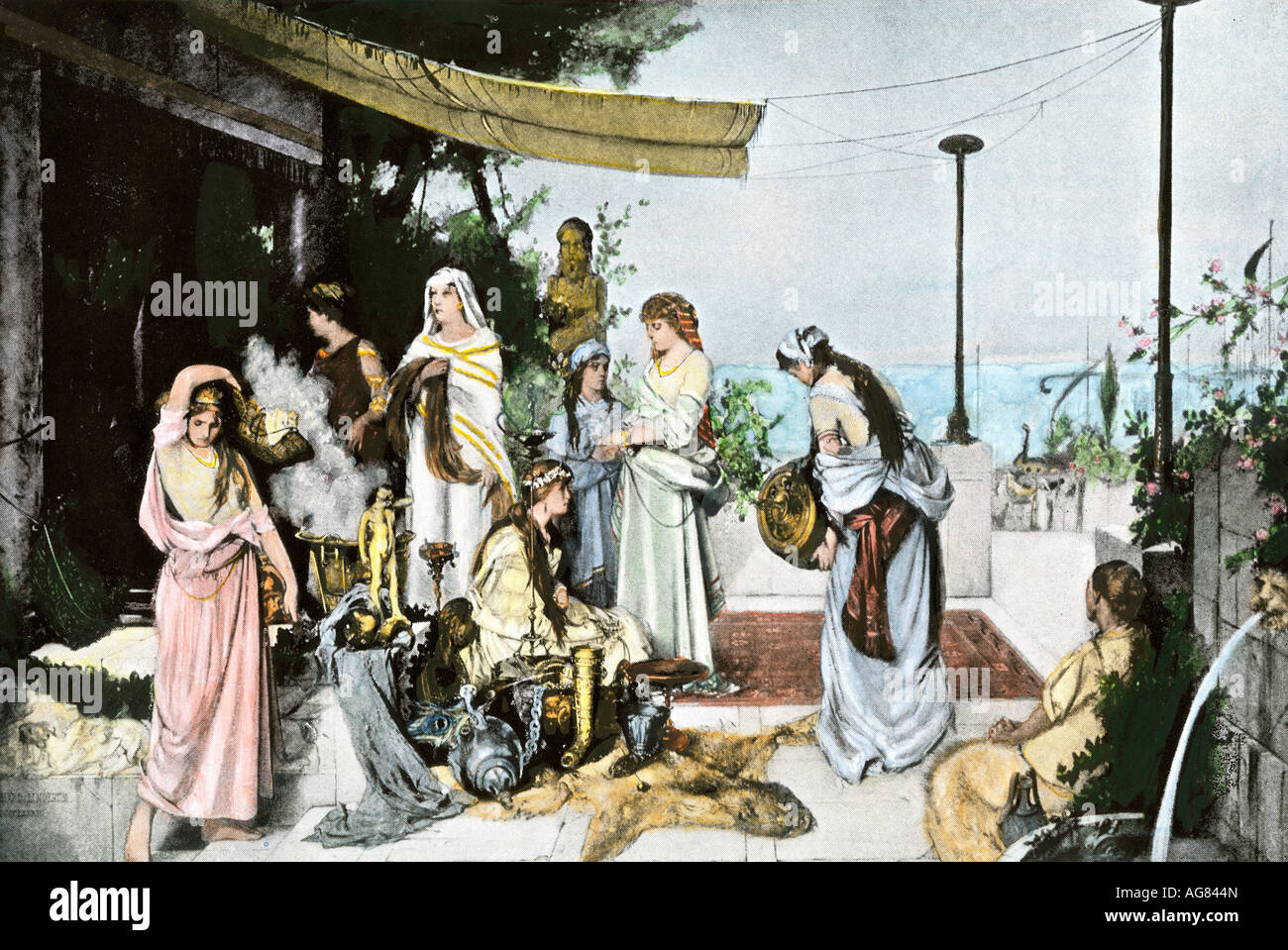 Carthage women sacrifice their hair and jewels to buy weapons against the Roman invasion 146 BC. Hand-colored halftone of an illustration Stock Photo