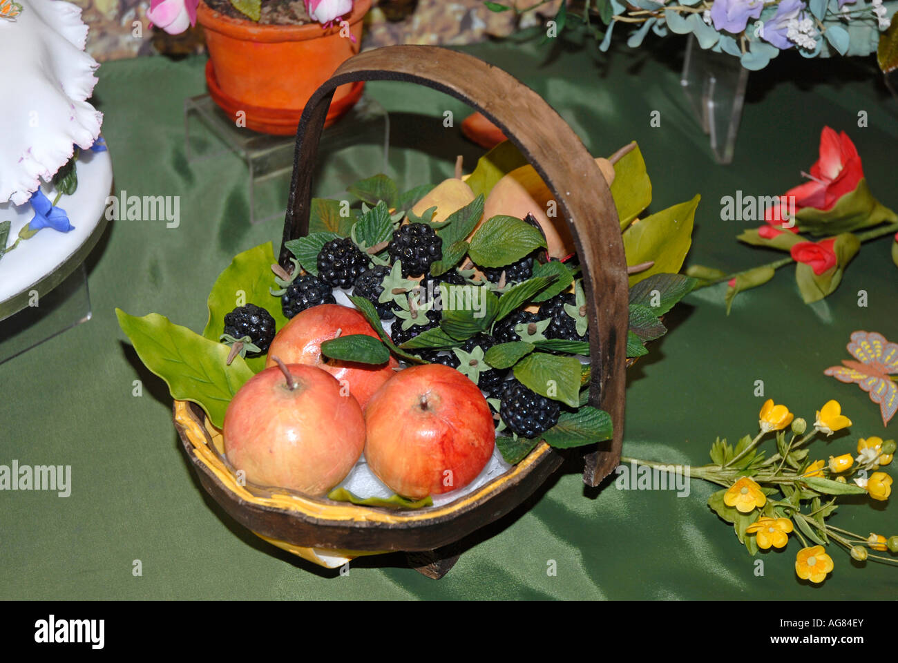 Basket of fruit made from sugar, including the basket, at sugarcraft exhibition Stock Photo Alamy