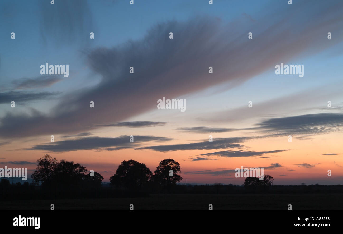Dramatic Dusk Sky Silhouetting the Trees and Hedgerows of the Rural English Countryside, Oxfordshire, England. Stock Photo