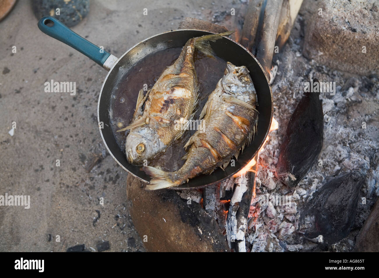 Frying  fresh fish at Troncones Beach, State of Guerrero, Mexico Stock Photo