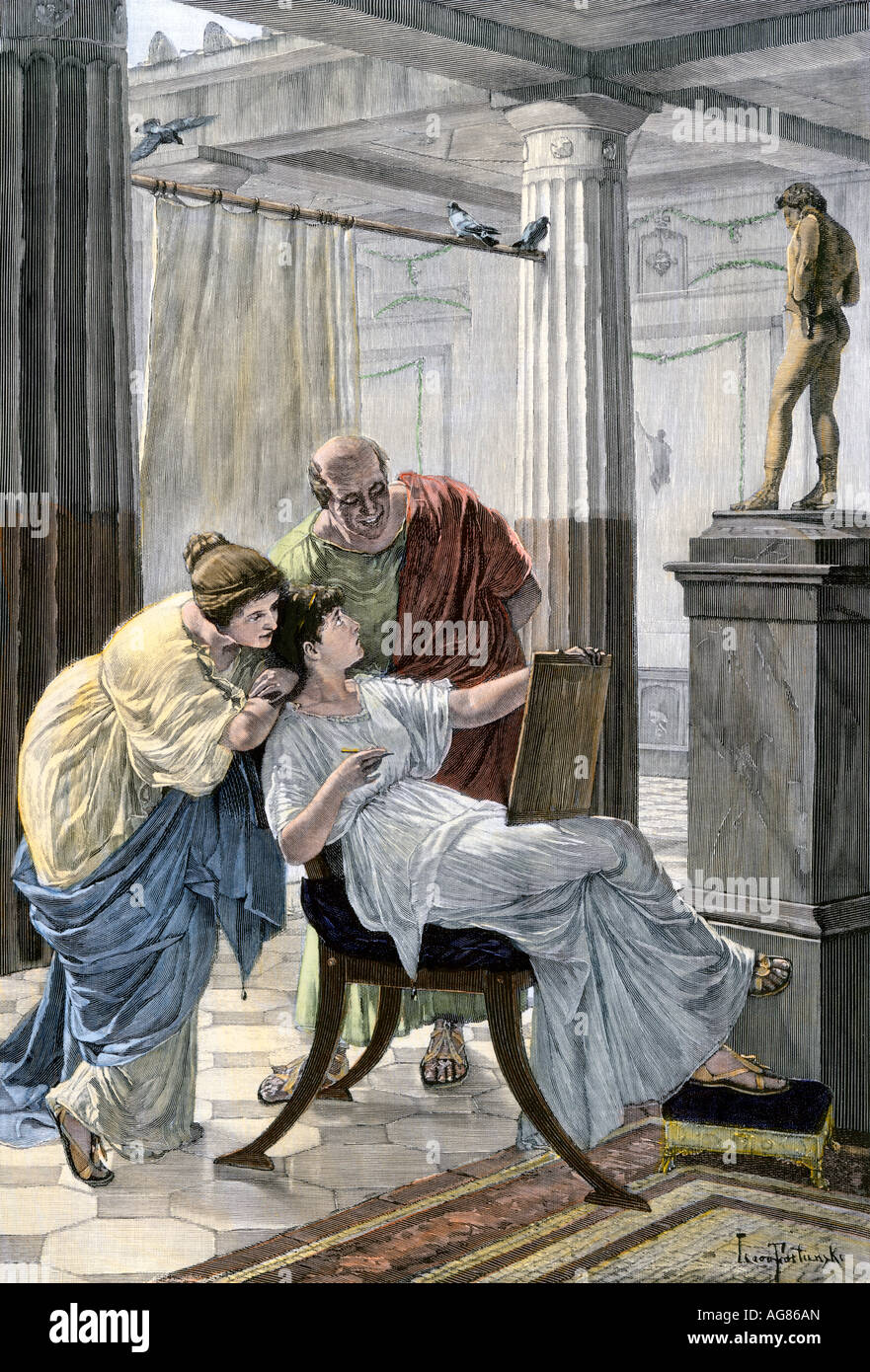 Woman taking art lessons in the atrium of a Roman house. Hand-colored woodcut Stock Photo