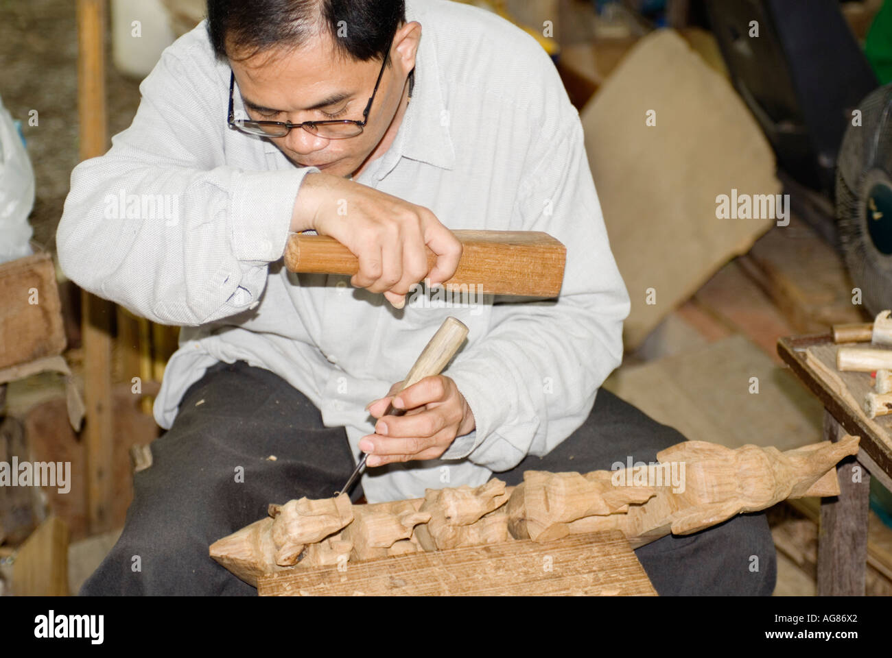 Thailand Thai Craftsman Sculpting Wood Sculpture Stock Photo 8072481