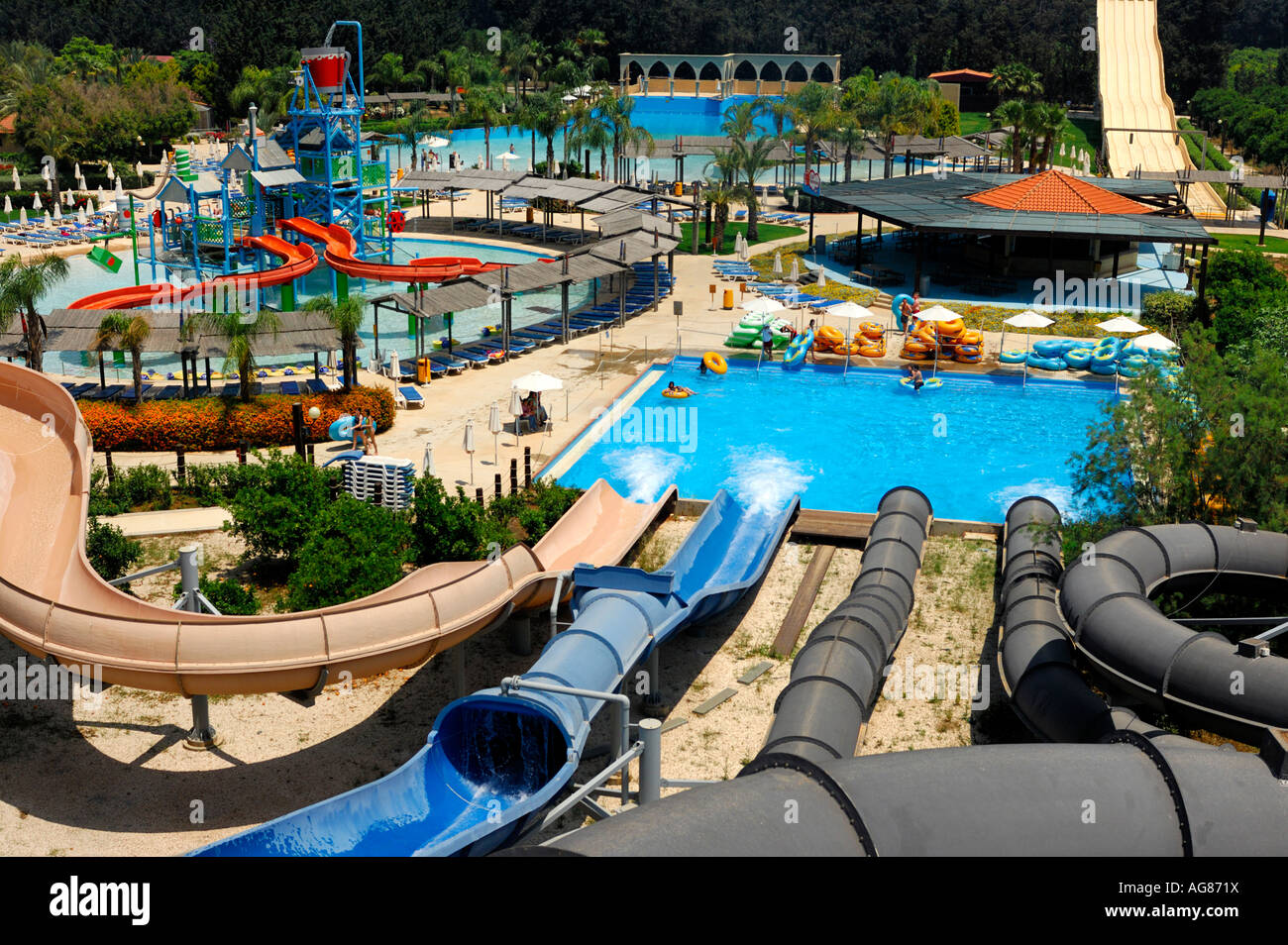 Aerial view on Fasouri Watermania water park in Cyprus Summer vacation recreation tourism aquapark water rides Stock Photo