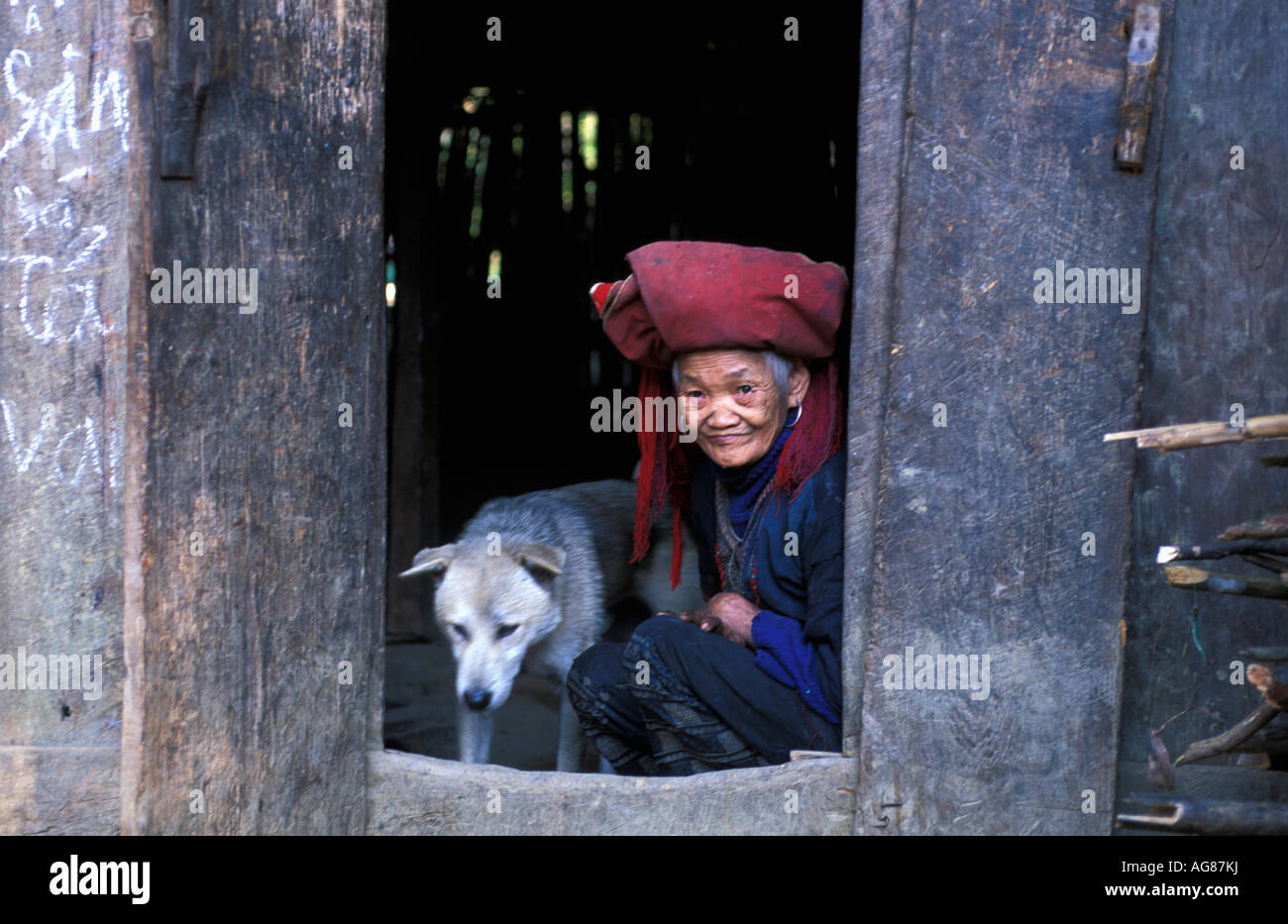 Vietnam Sapa Old woman of Red Dao hilltribe and dog Stock Photo