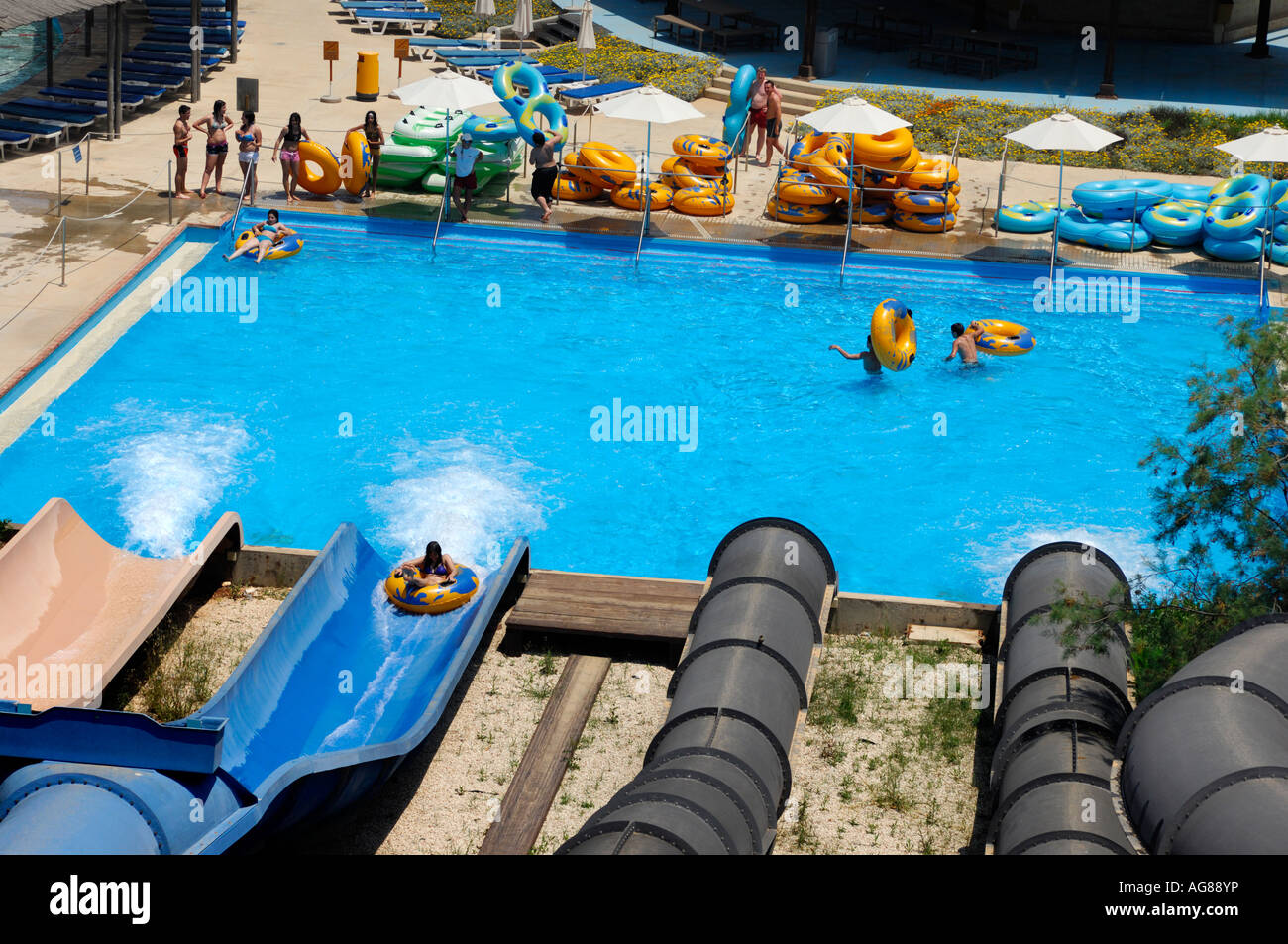 Aerial view on blue swimming pool Fasouri Watermania water park in