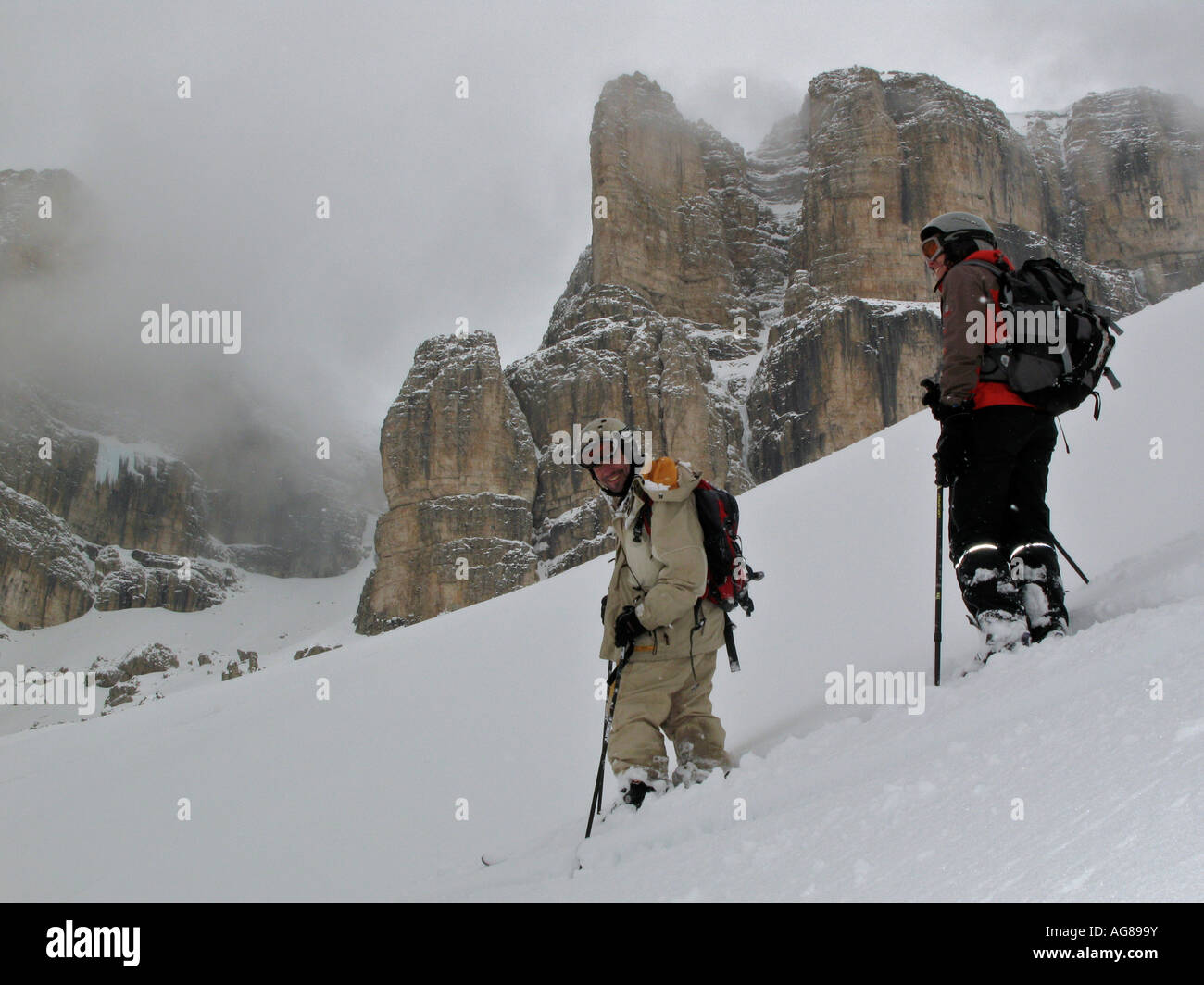 Skiers off piste in the Sella Gruppe Dolomites Stock Photo