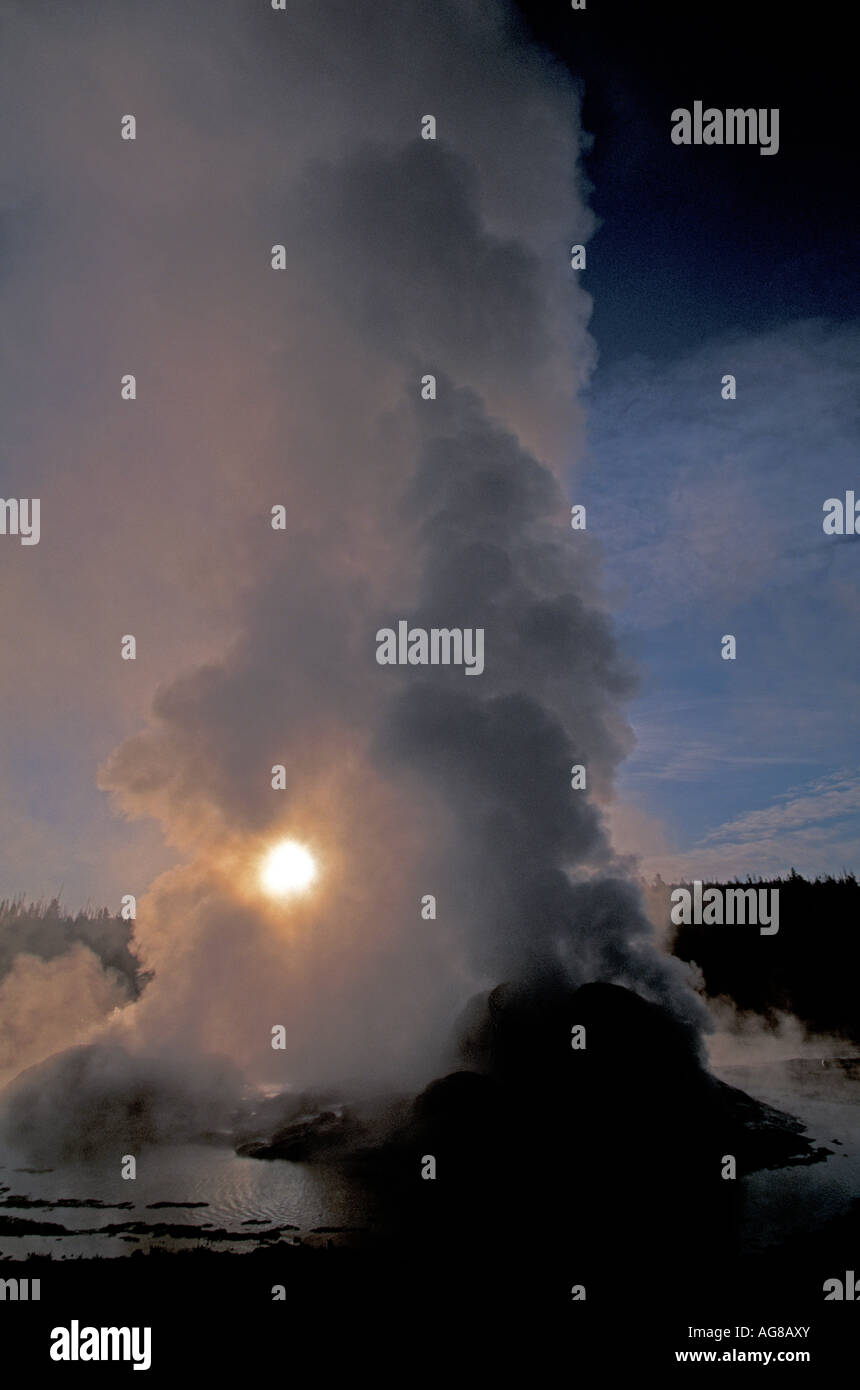 Castle Geyser sunrise erupting Yellowstone National Park spray smoke ...