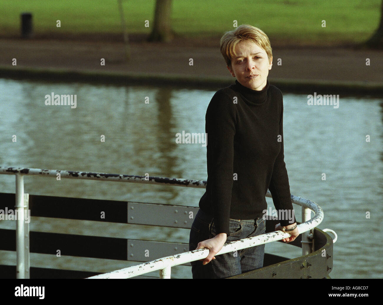 Actress Fiona Bell on the banks of the River Avon in Stratford on Avon Warwickshire, art the RSC Stock Photo