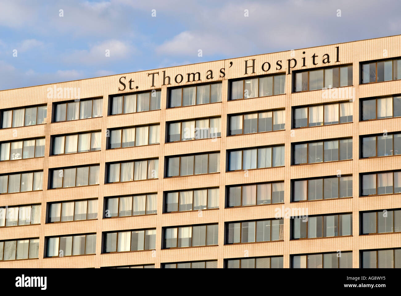 St Thomas Hospital near Waterloo Station on the South Bank of the River Thames beside Westminster Bridge London England Stock Photo