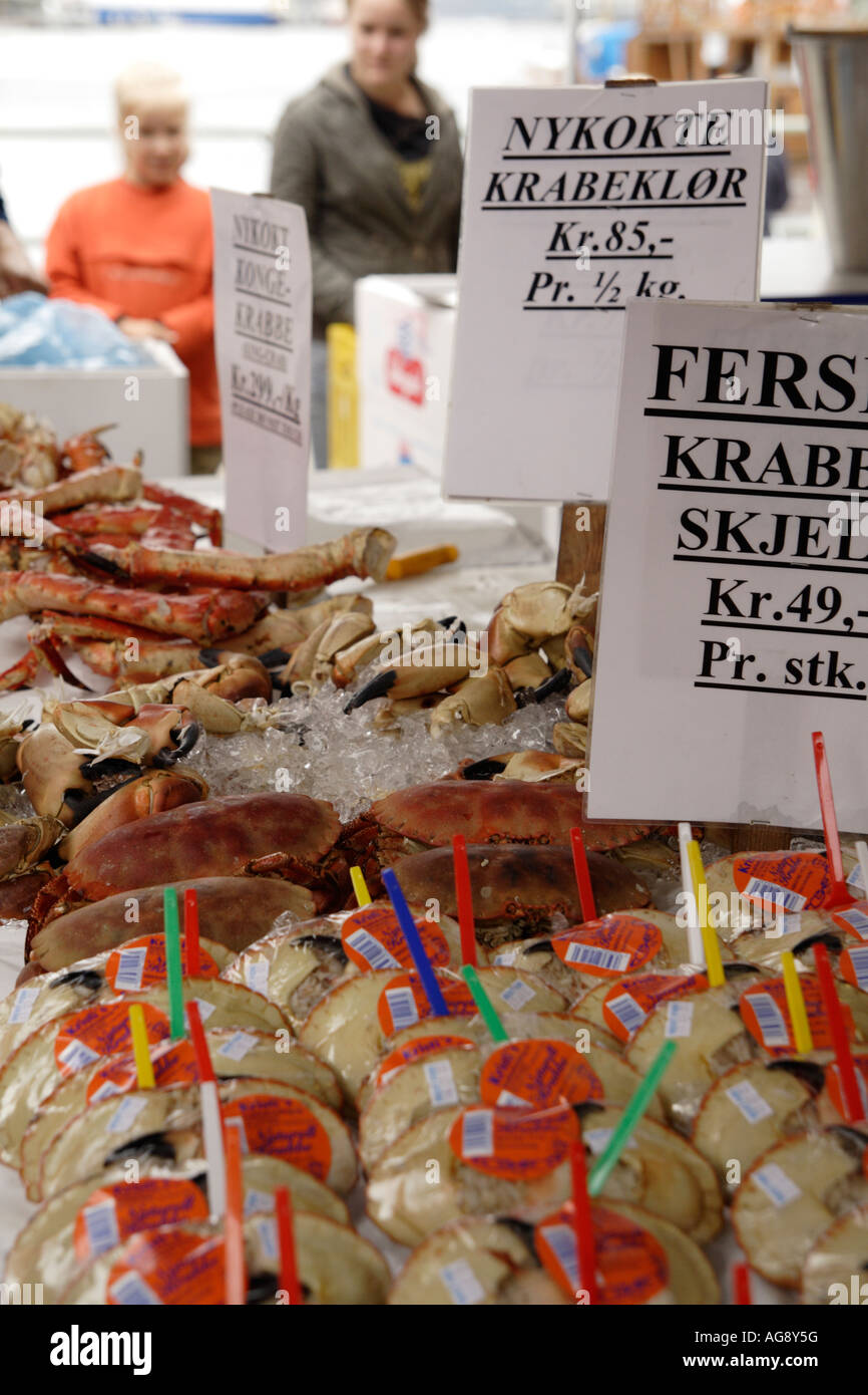 Fresh seafood at Bergen fish market, Fisketorget, Bergen, Norway. Stock Photo
