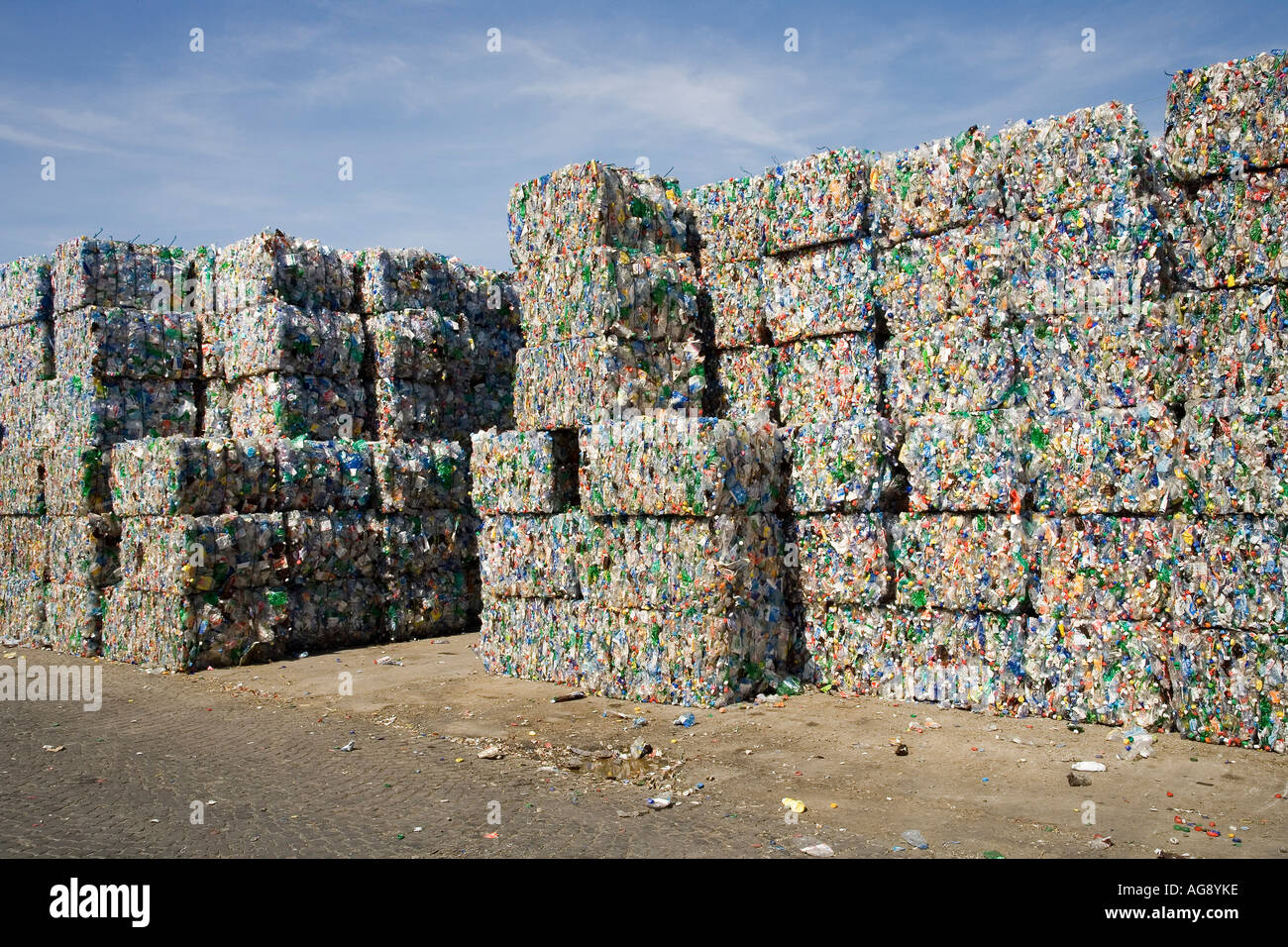 plastic bottles, sorted, compressed into bales and ready for Stock