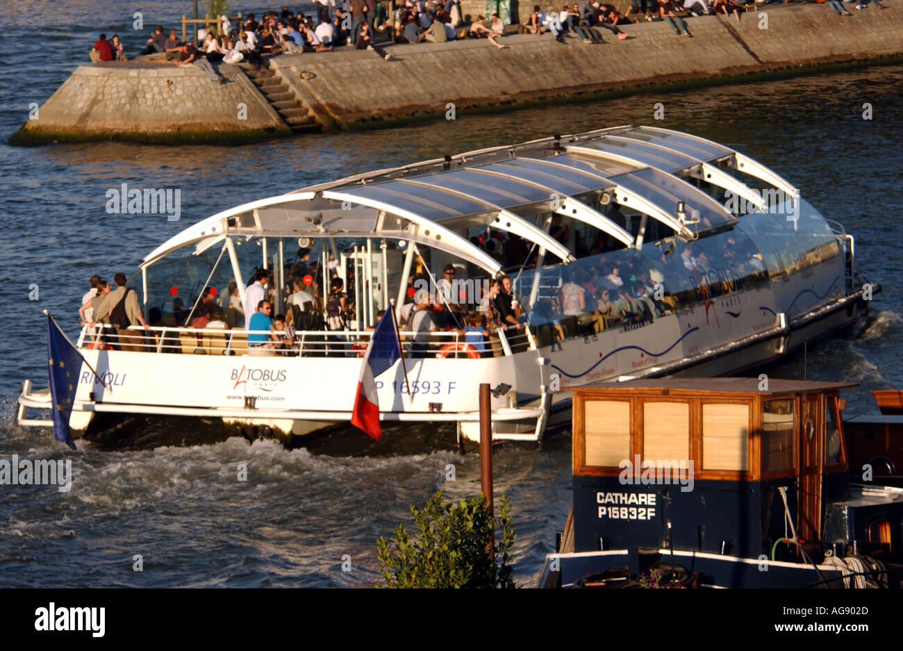 Tourist Boat On River Seine, Day Stock Photo