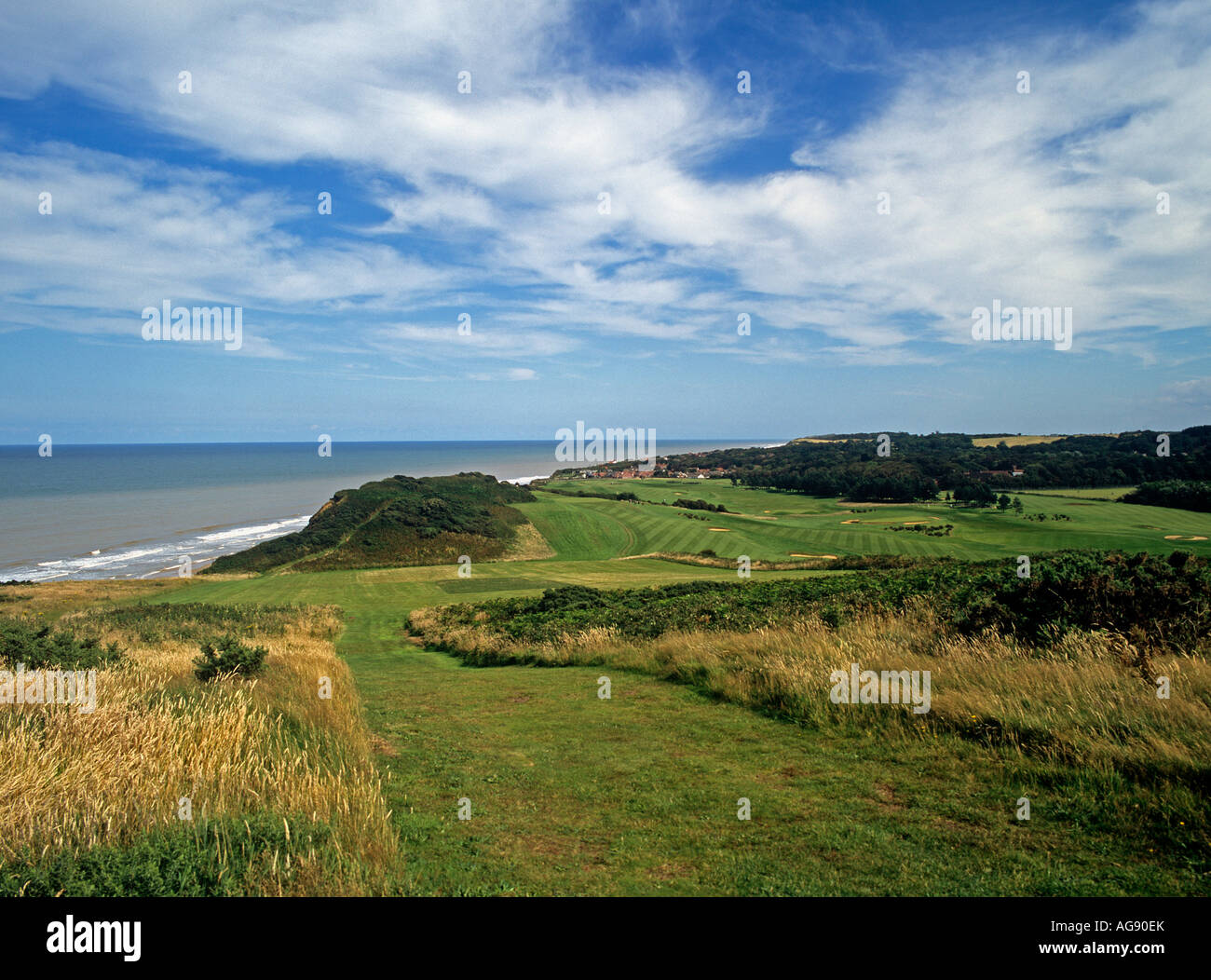Undulating golf course on The North Norfolk coast on cliffs above the sea between Cromer and Overstrand Stock Photo