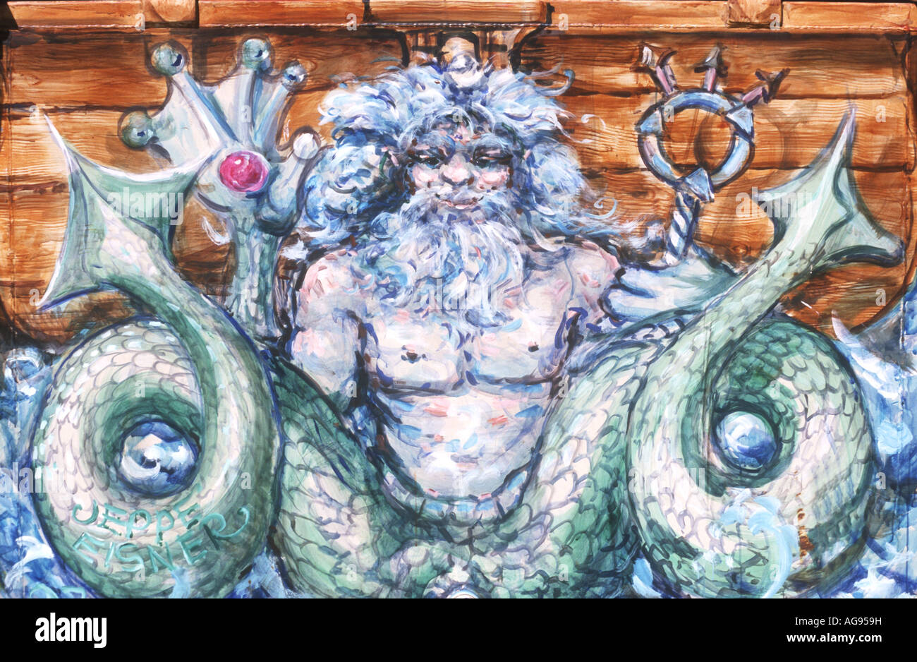 Colorful mural depicting a fabled Merman with twin tails on a wall in Copenhagen,Denmark Stock Photo