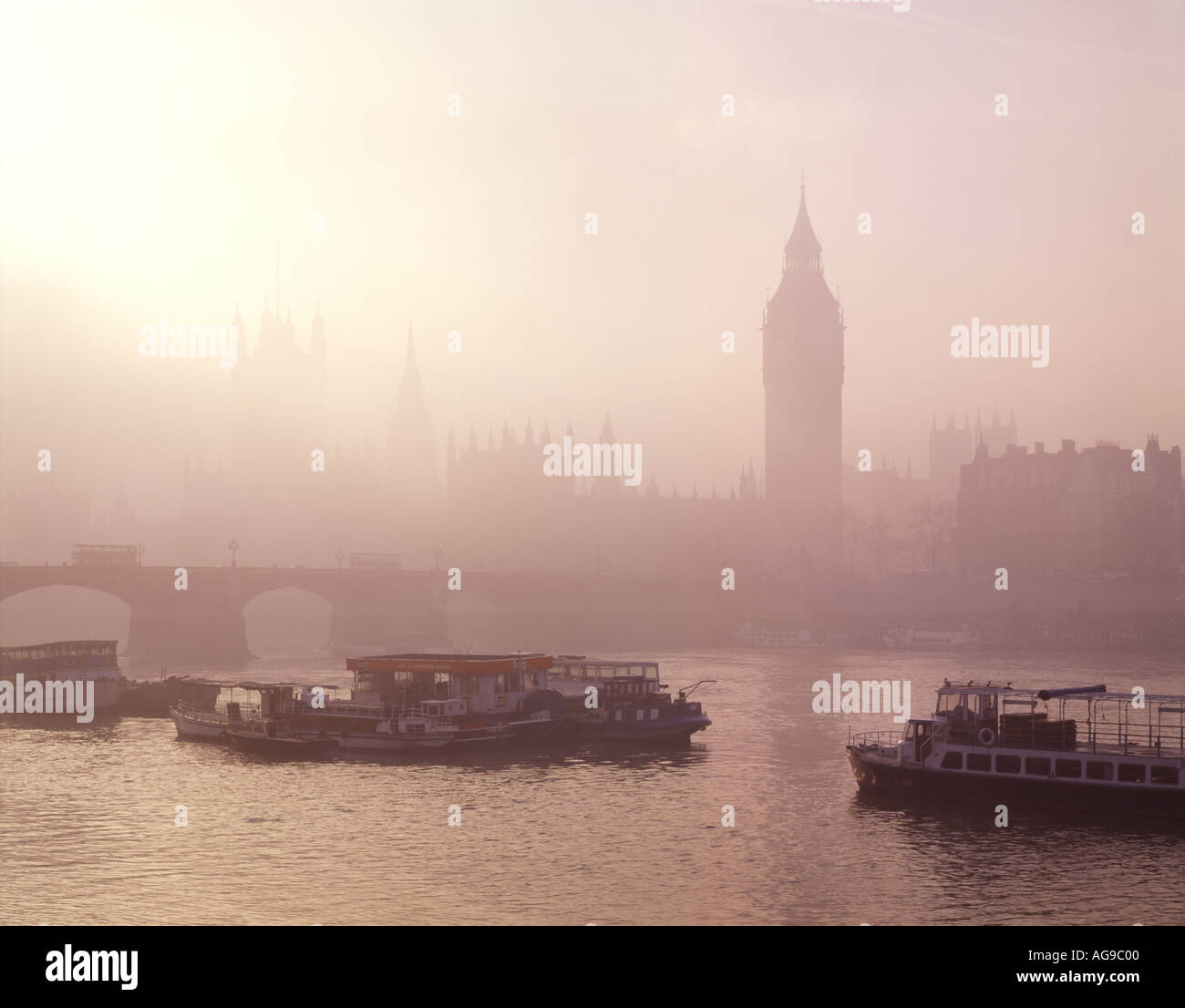 The foggy House of Parliamnet and Big Ben London UK Stock Photo