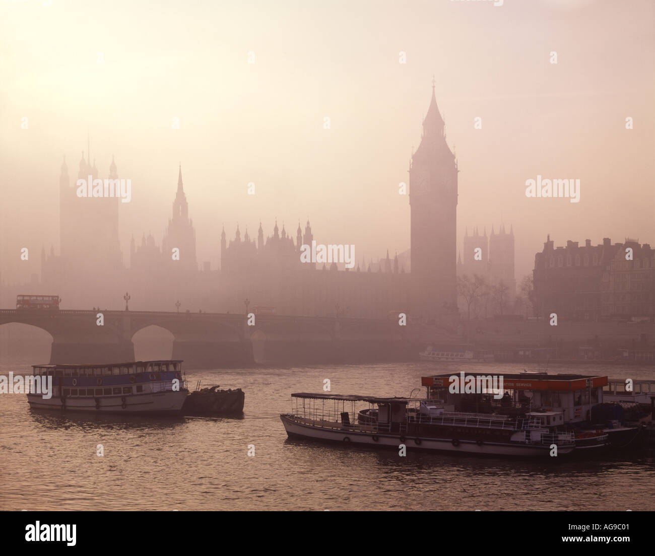 The foggy House of Parliamnet and Big Ben London UK Stock Photo