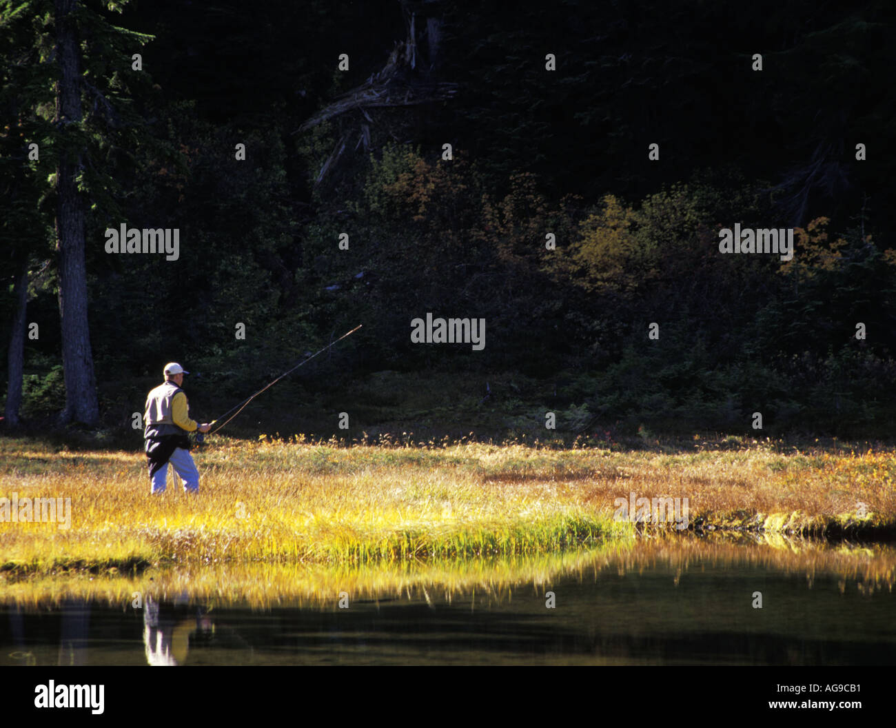 Man fly fishing subalpine lake Grace Lakes Stevens Pass Cascade