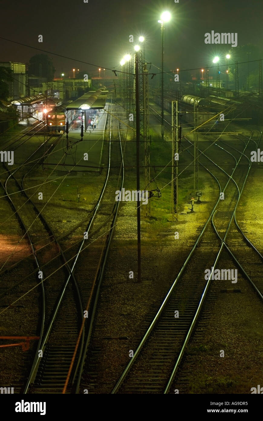 Railway Tracks Leading Into a Train Station and Freight Yard at Night ...