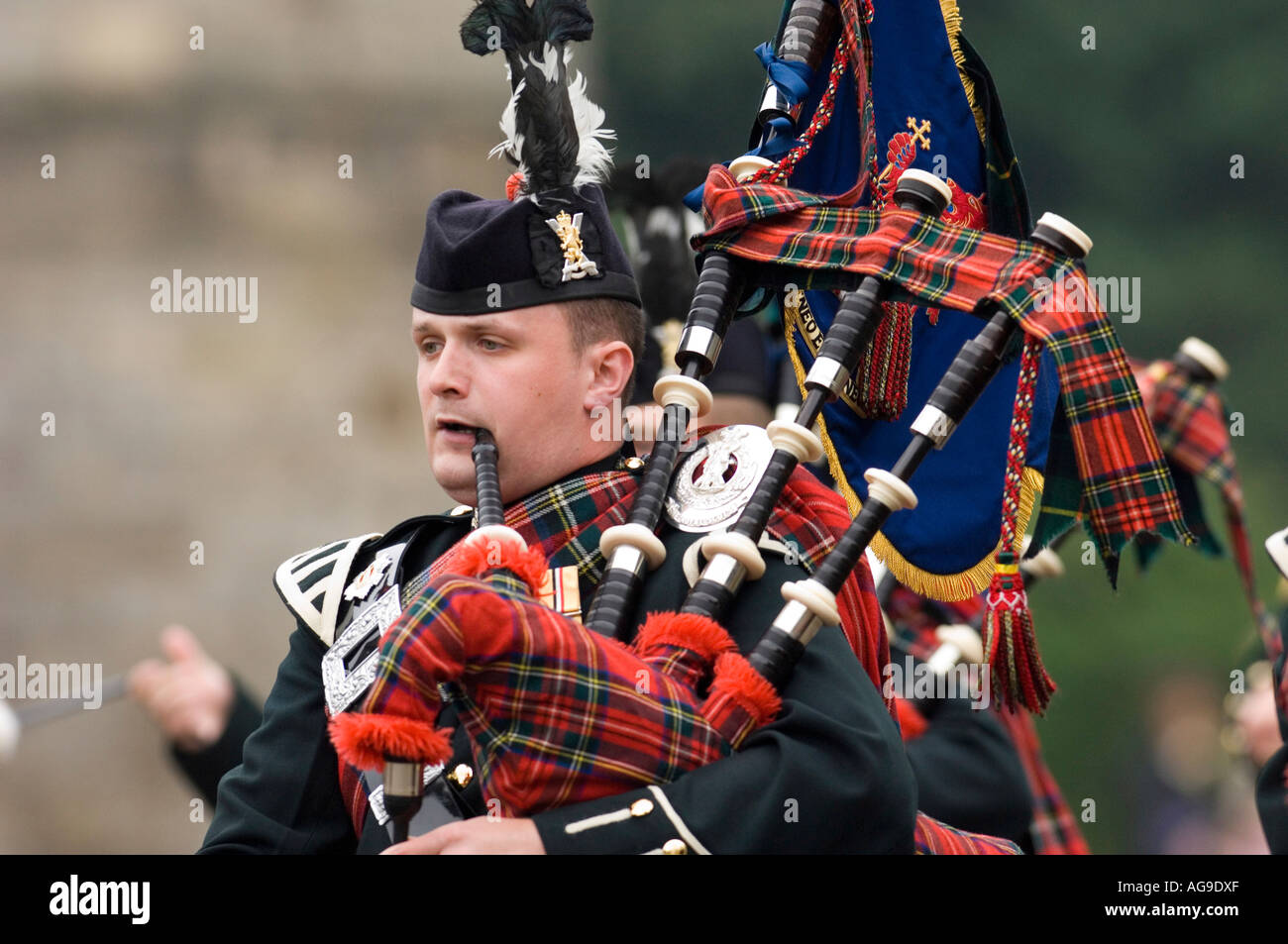 Royal Regiment of Scotland pipes and drums band. Stock Photo