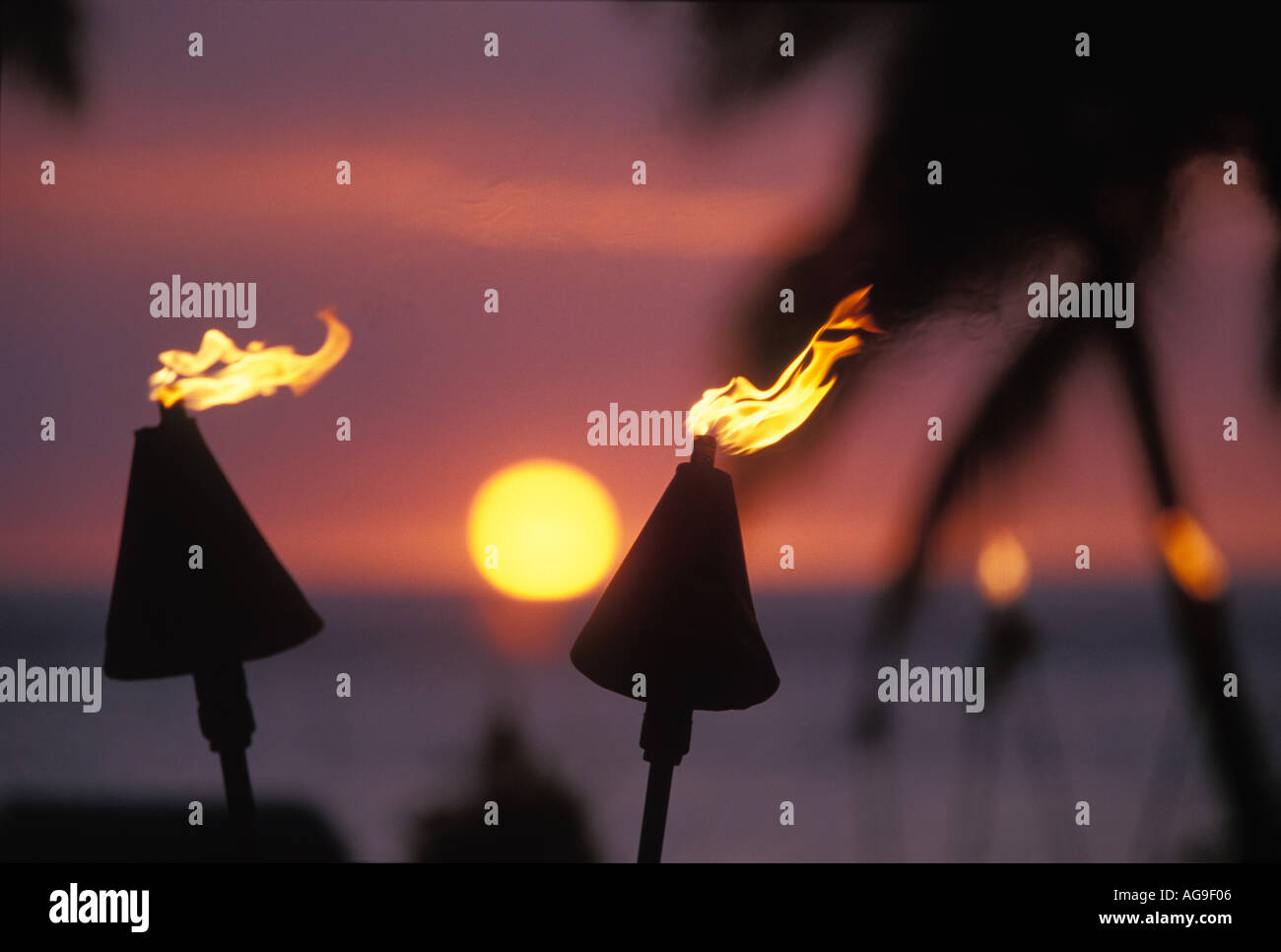 Tiki torches burning at sunset Stock Photo Alamy