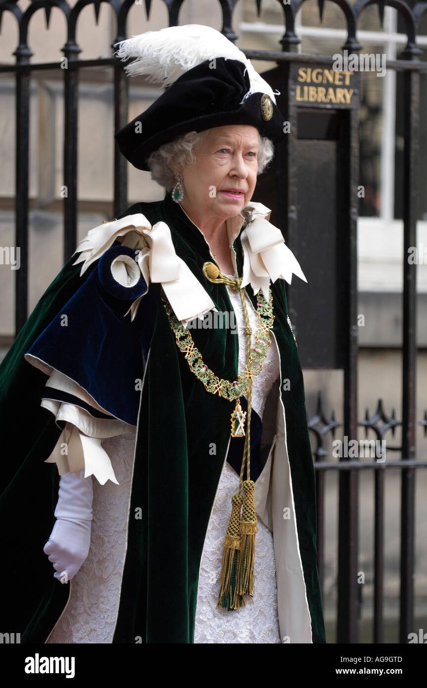HRH Queen Elizabeth II wearing the elaborate costume of the Order of the Thistle. Stock Photo
