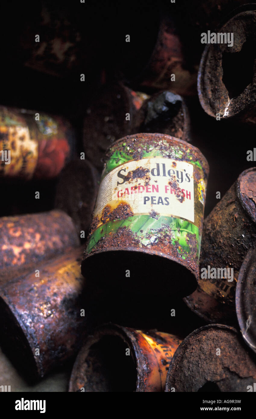 Antarctica Destroyed cans of peas at former deserted English base at Deception Island Stock Photo