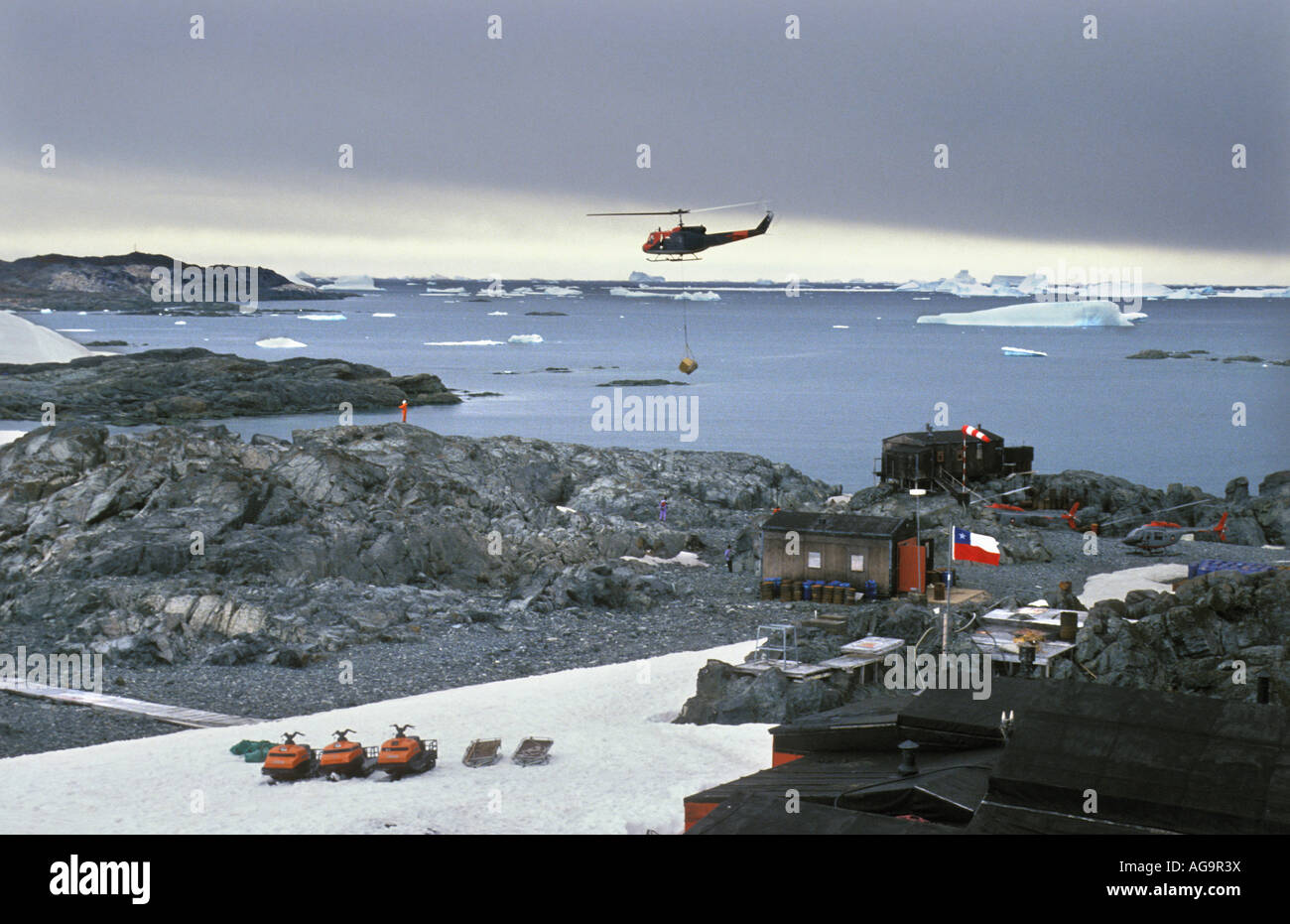 Antarctica Chilean helicopter carrying cargo for the Chilean base called Carvajal Stock Photo