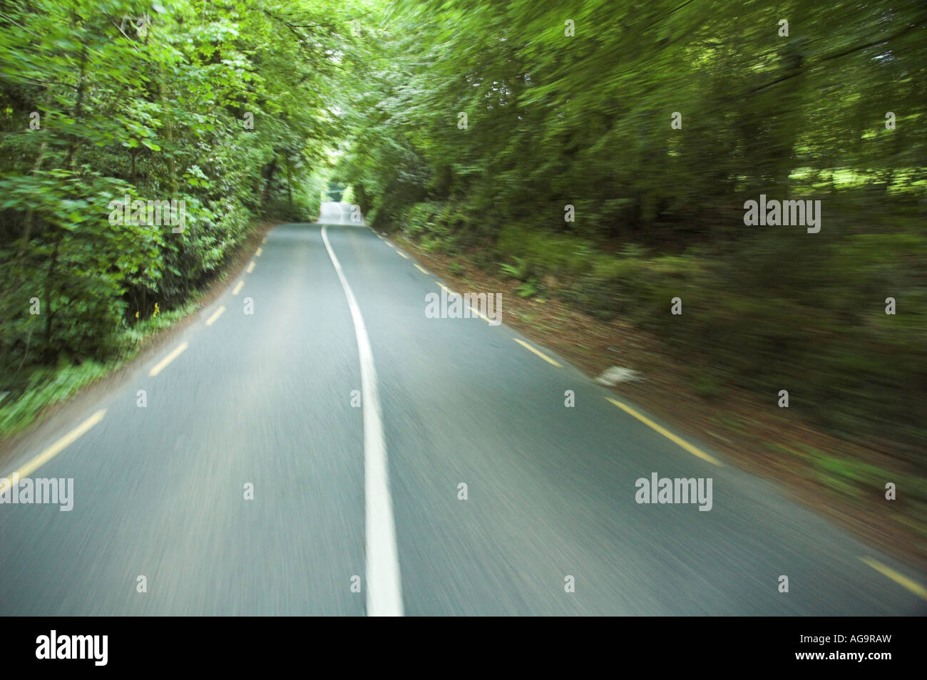 Driving through the narrow roads somewhere between Laragh and Rathdrum in County Wicklow, Ireland. Stock Photo