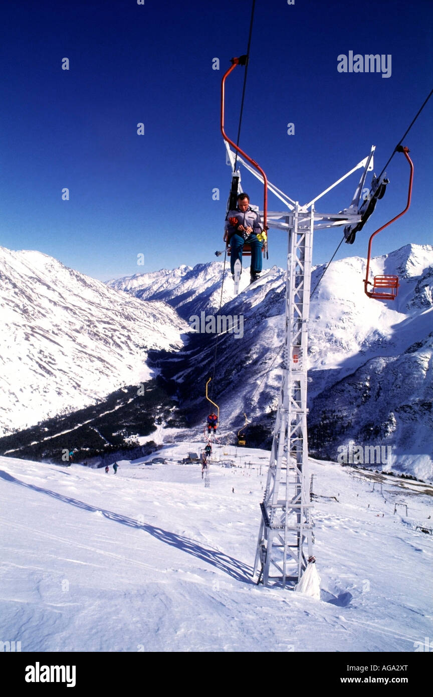 The Single Cheget Chairlift at Mt Elbrus-Cheget ski area in the Caucasus Mountains of Russia. Stock Photo