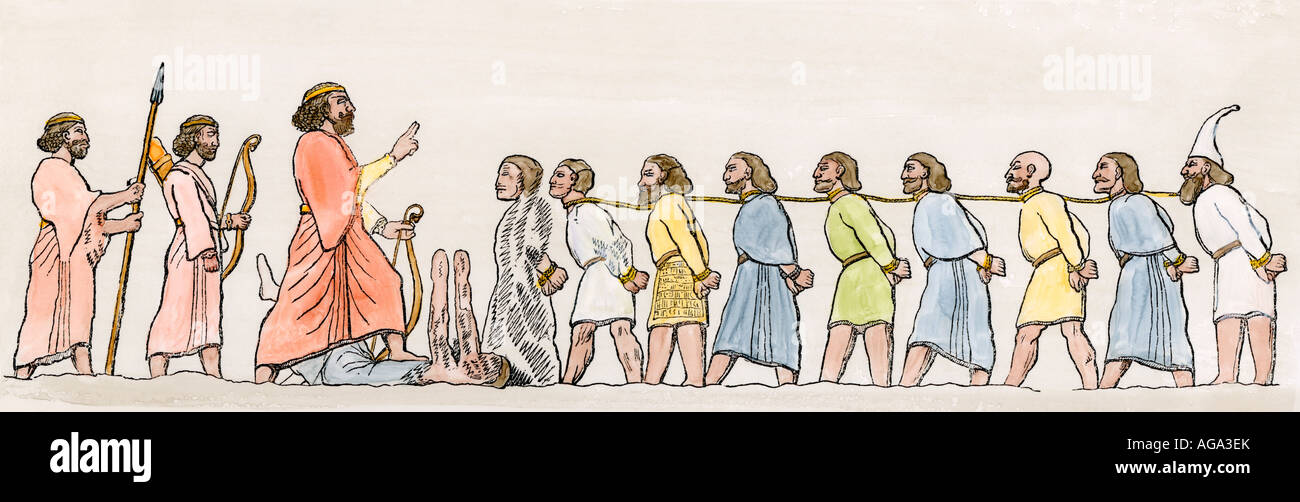 Jewish prisoners during the Babylonian Captivity. Hand-colored woodcut Stock Photo