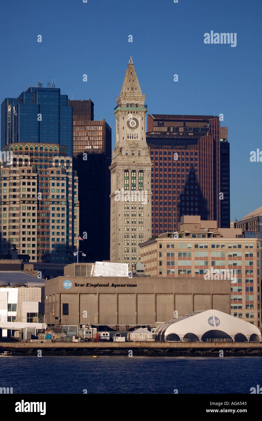 New England Aquarium and Boston skyline from MBTA ferryboat on Boston