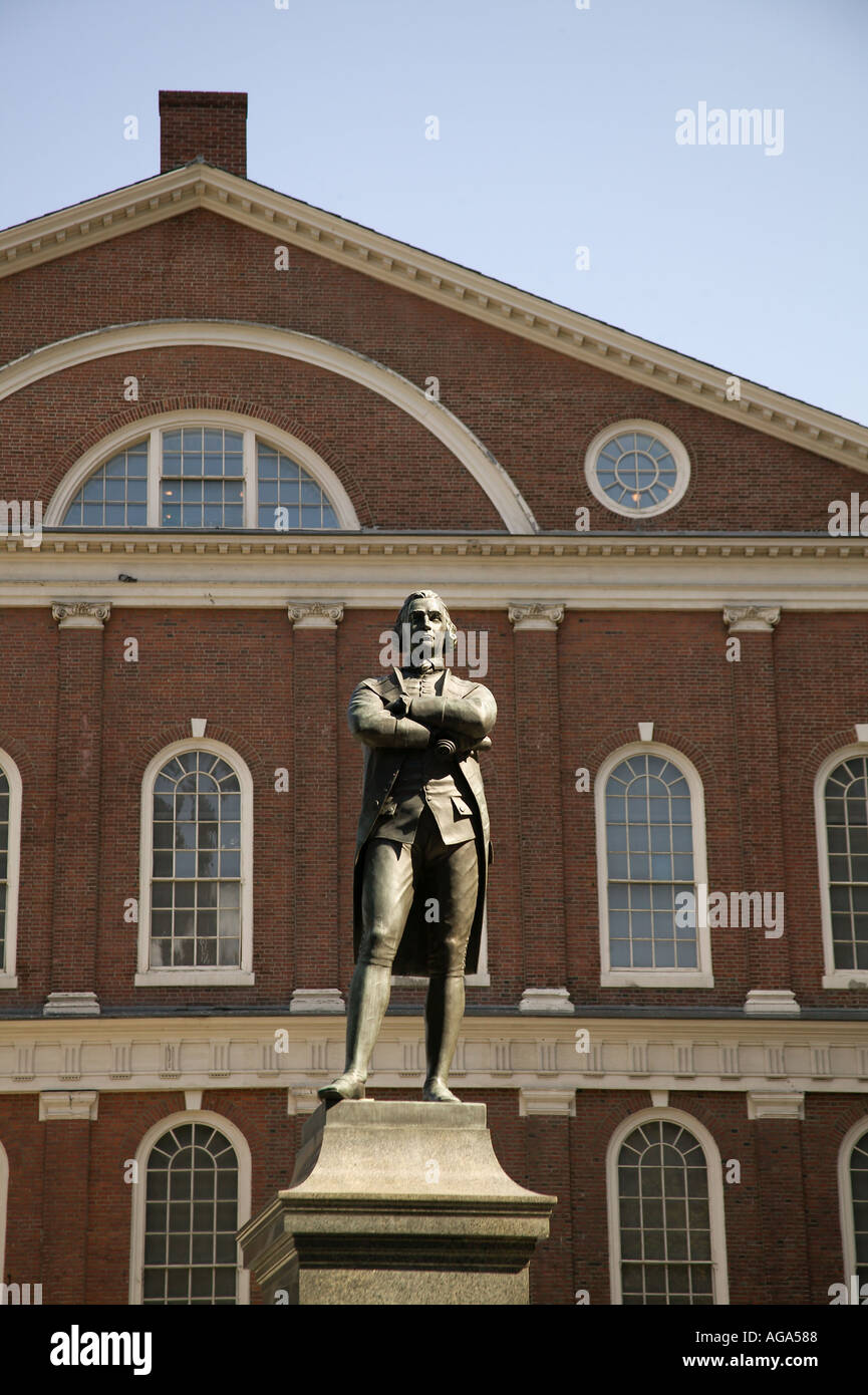 Samuel Adams Statue with Faneuil Hall in background Boston MA Stock Photo