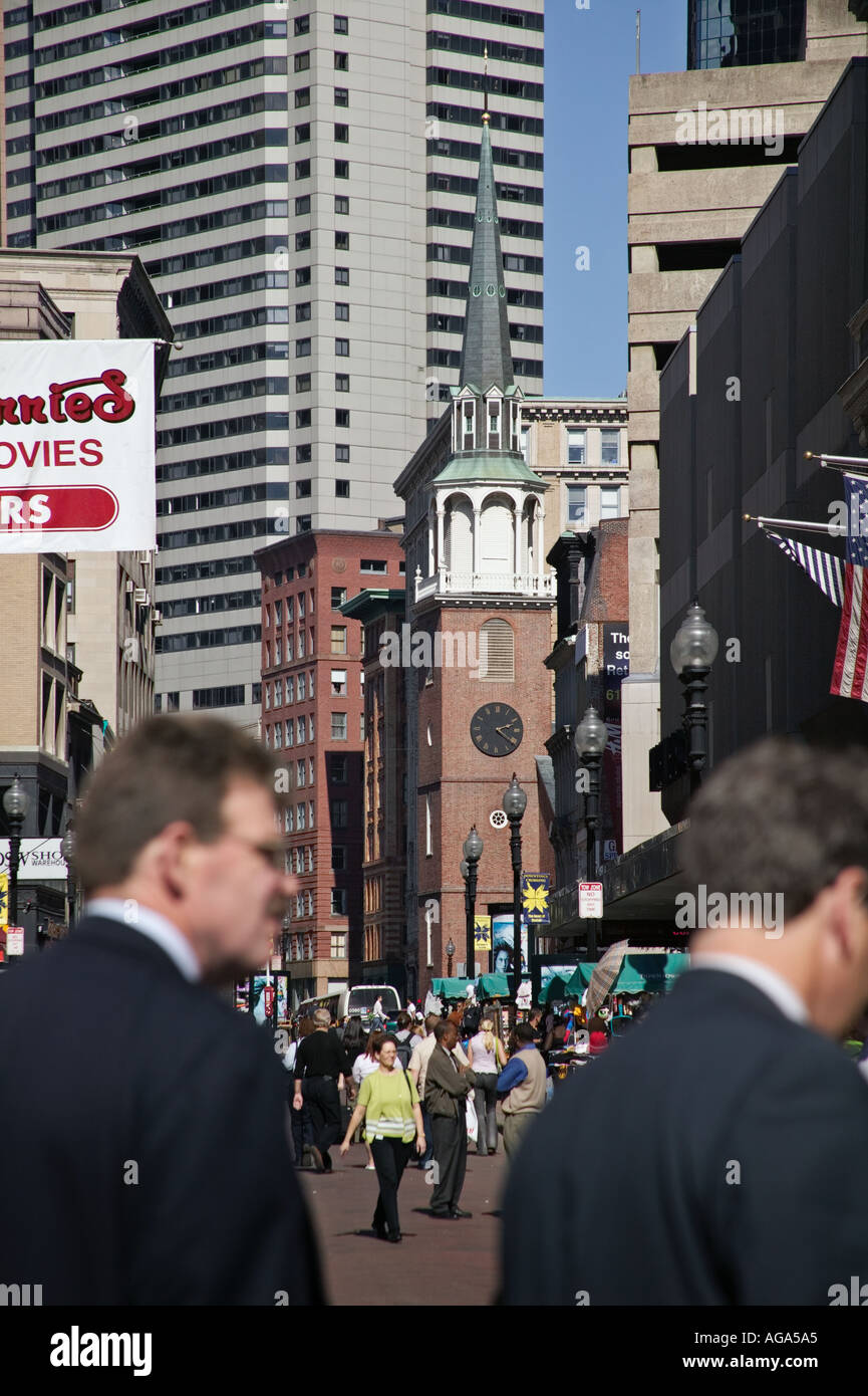 Old South Meeting House on Washington Street and people walking and shopping at the Downtown Crossing shopping area Boston MA Stock Photo