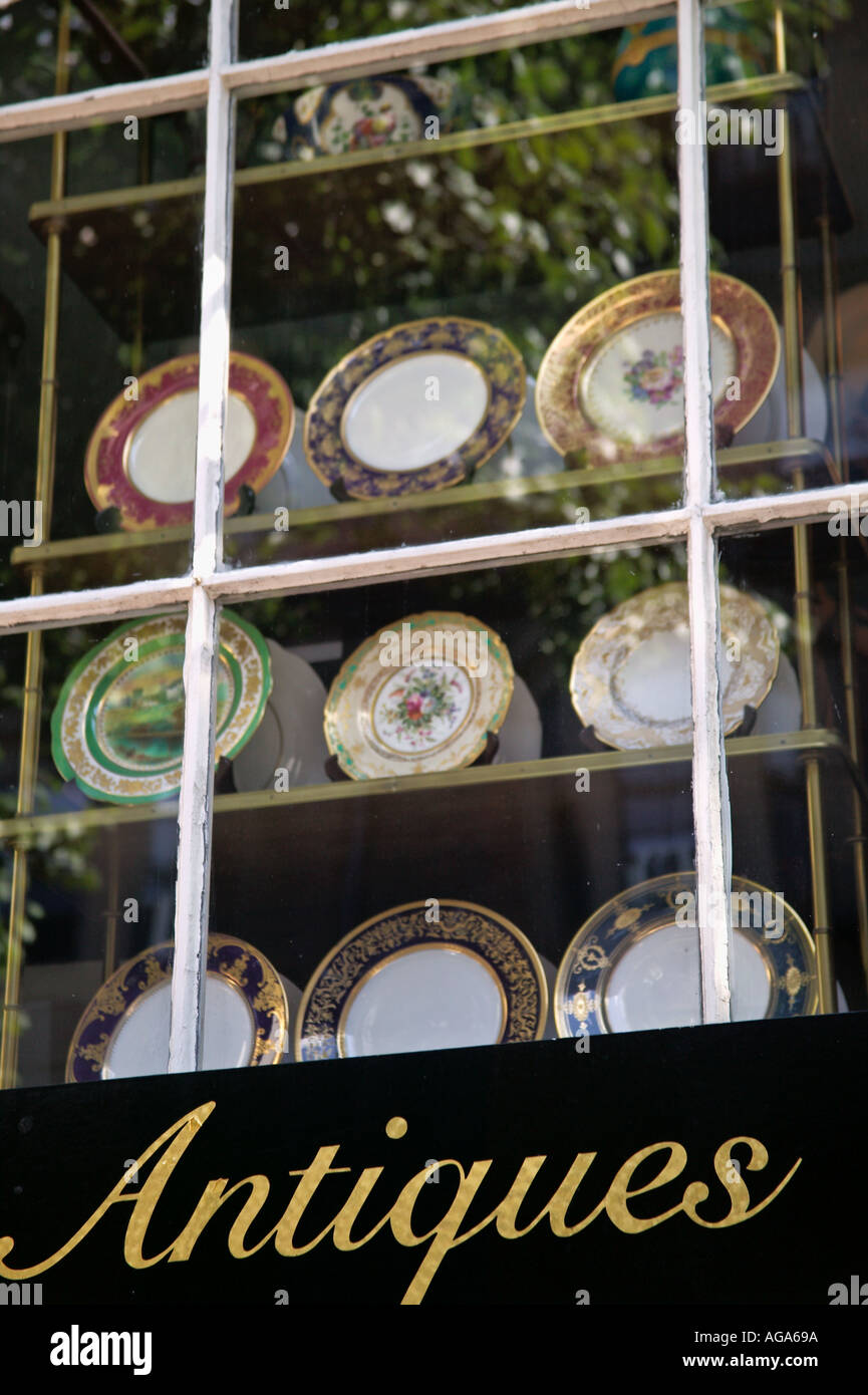 Antique store window display in Charles Street shop on Beacon Hill